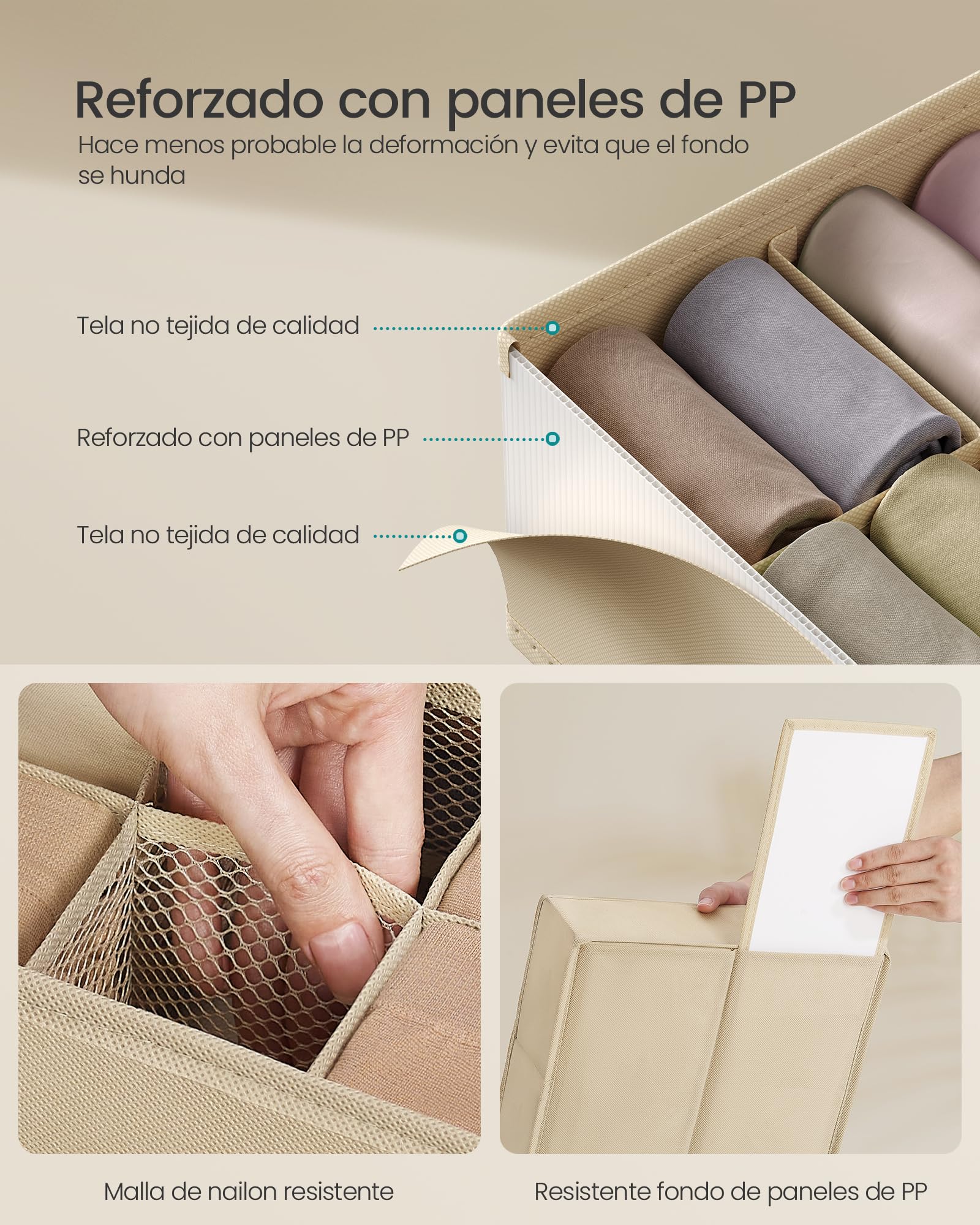 SONGMICS Juego de 4 Organizadores de Cajones, 80 Compartimentos, Cajas Plegables, 30x30x10 cm, Beige Arena