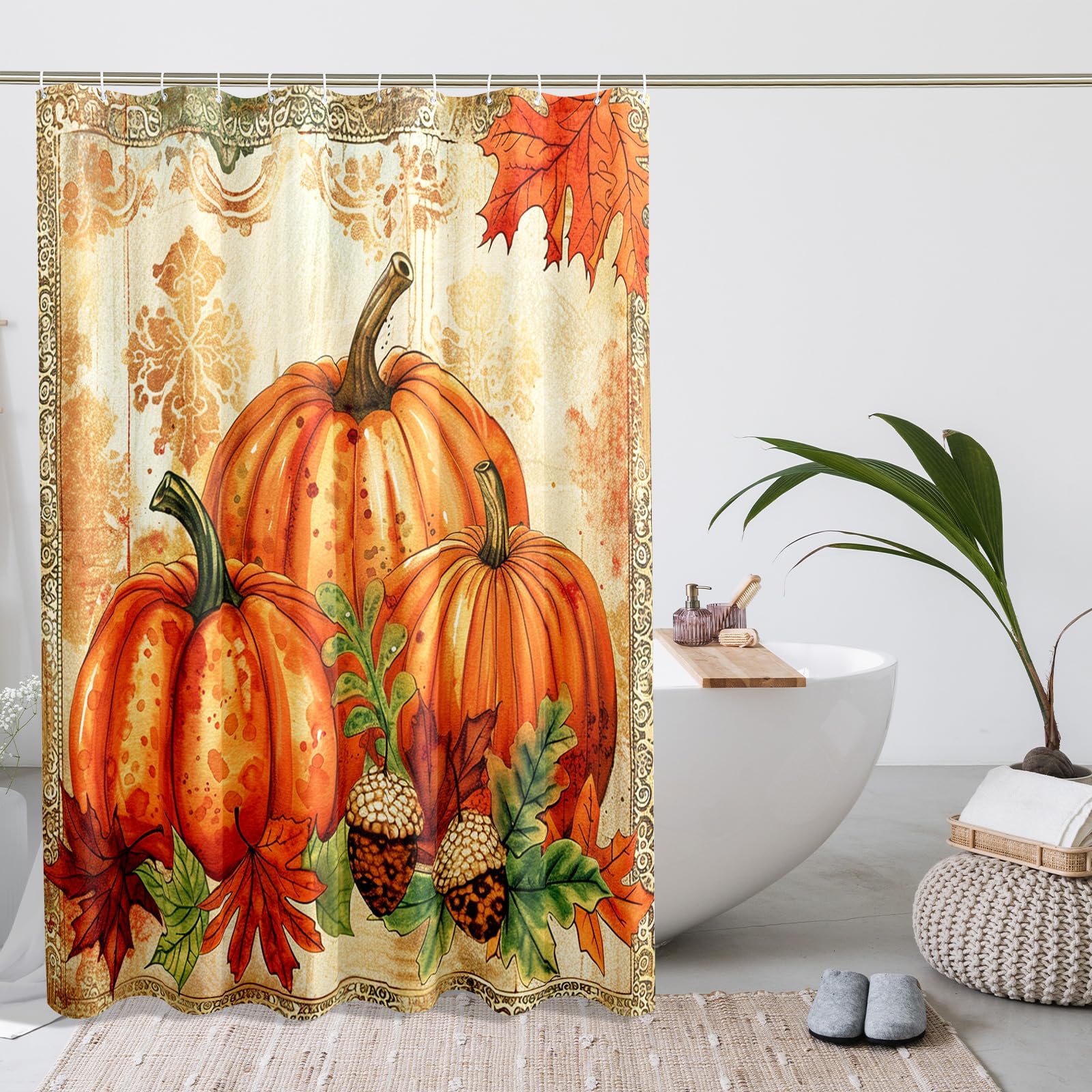 Herbst-Duschvorhang Mit Kürbissen & Ahornblättern | 183x183 Cm, Wasserdicht