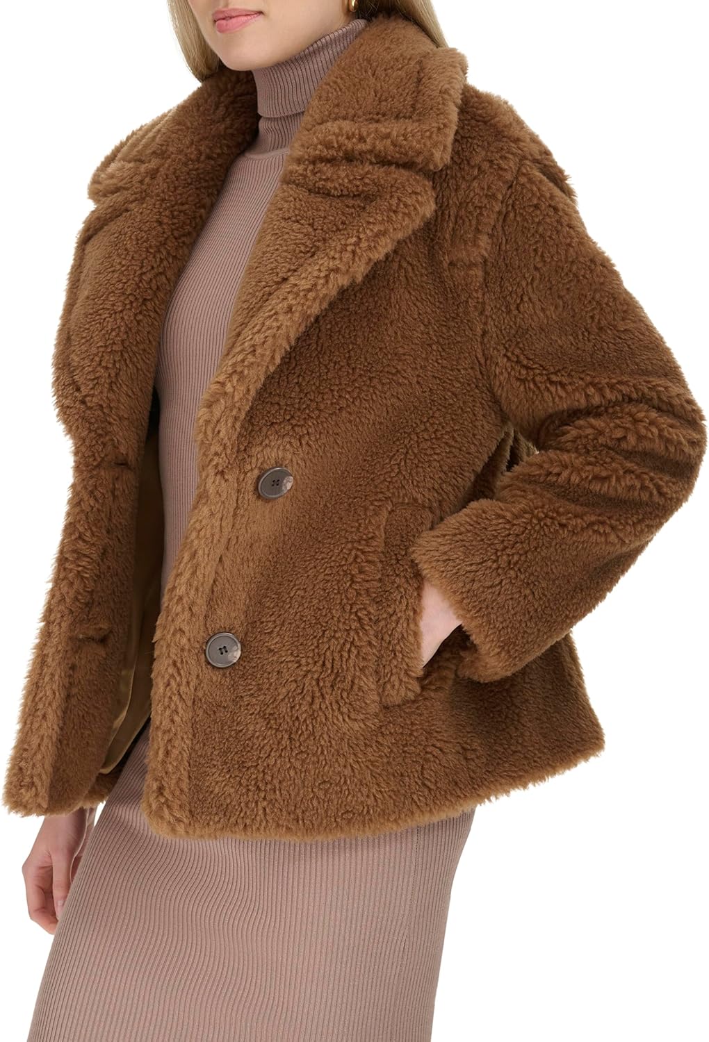 Cole Haan womens Cozy Teddy Faux Fur Long Sleeve Button Front Jacket - Image 5