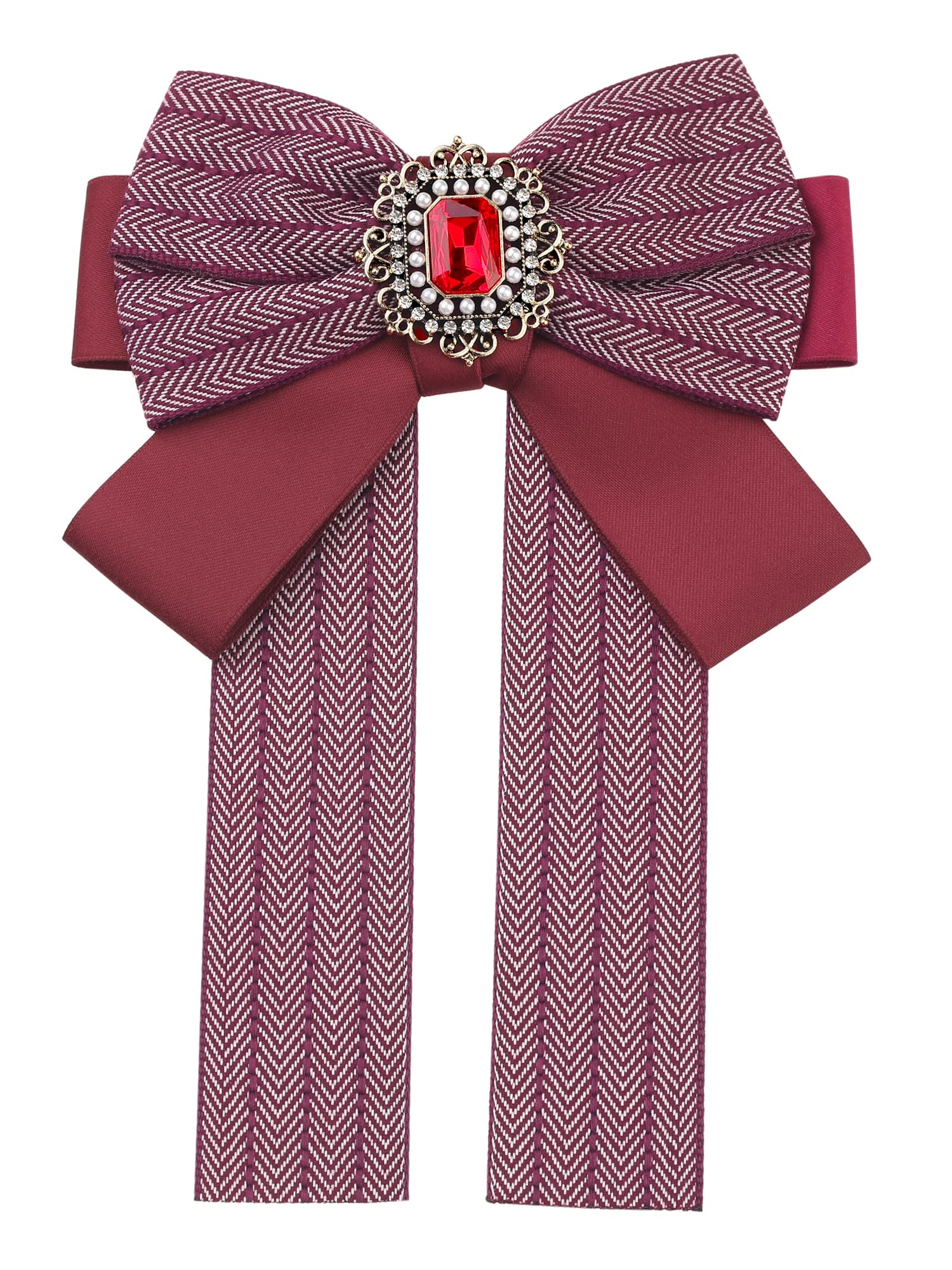 Elerevyo Bow Ties Striped Pre-Tied Long Tail Ribbon Brooch Pin for Women Fashion Red One Size