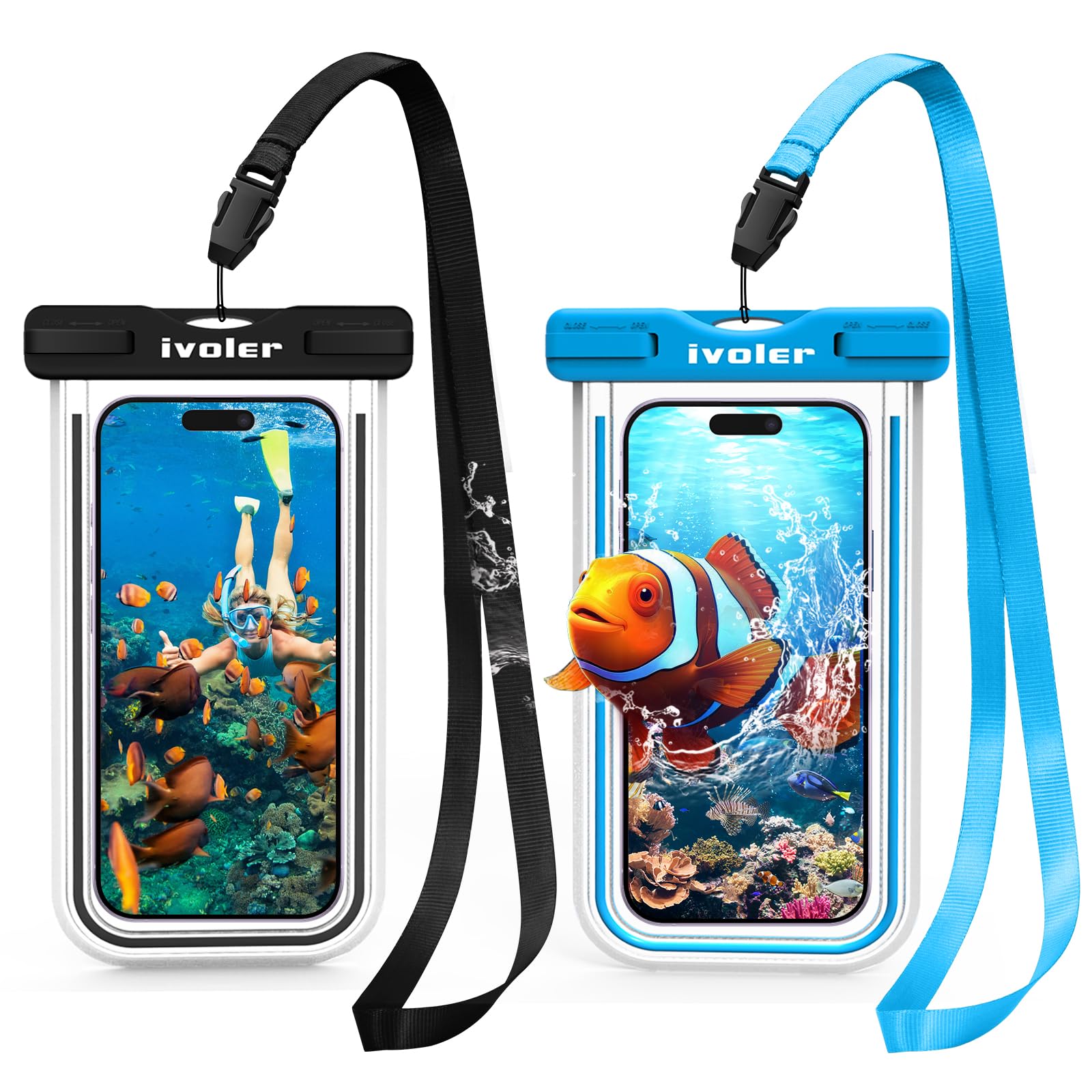 iVoler [2 Pezzi Custodia Impermeabile Smartphone IPX8, Sacchetto Impermeabile Cellulare fino a 7.0'', Universale Cover Subacquea per iPhone 17/16/15 Pro Max, Samsung Galaxy, Xiaomi (Nero+Blu)