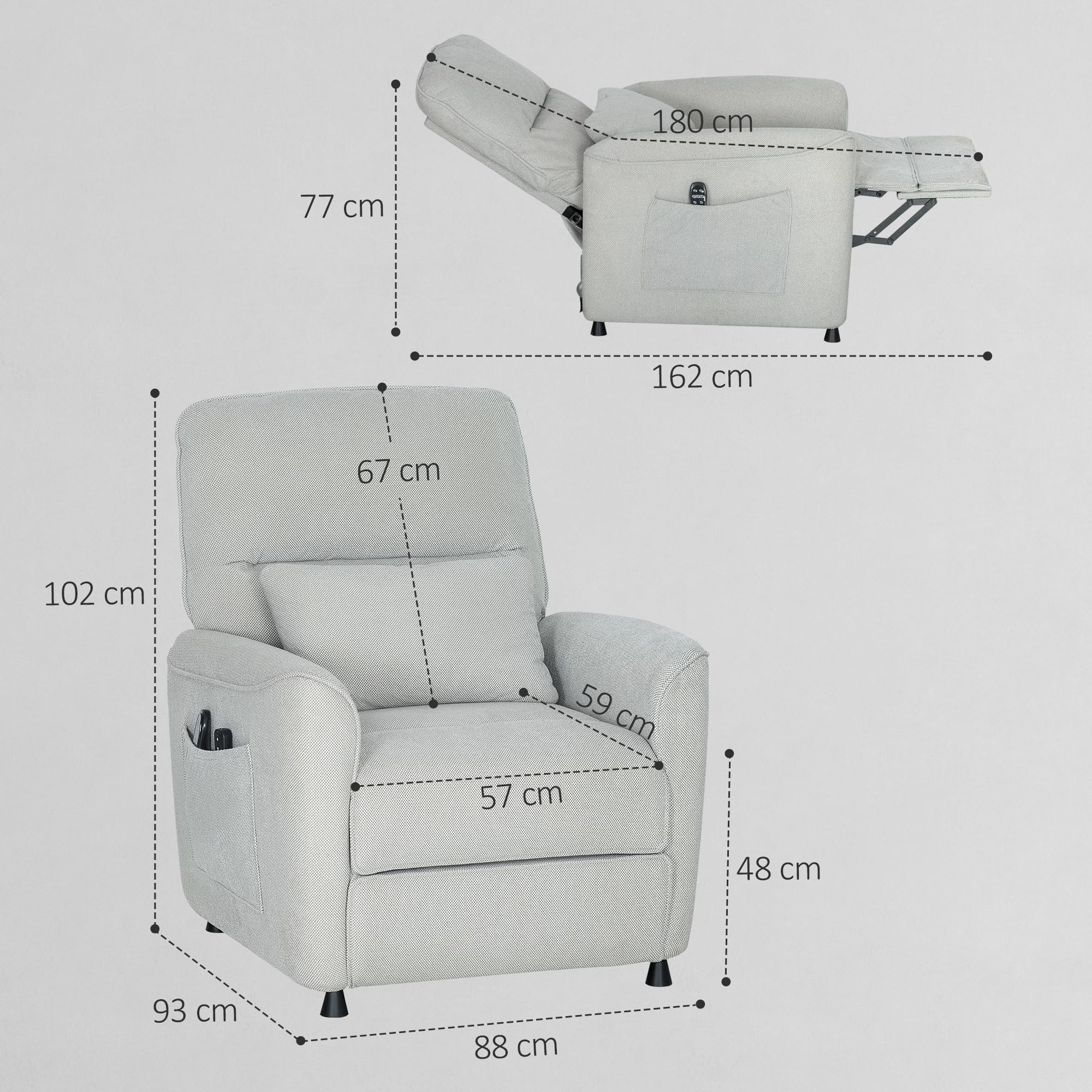 HOMCOM Poltrona Relax Elettrica Massaggiante e Riscaldante, Silenziosa, Poltrona Reclinabile 150° in Ciniglia con Cuscino, Funzione Memory, 2 Telecomandi, Poggiapiedi, USB per Soggiorno, Grigio Chiaro