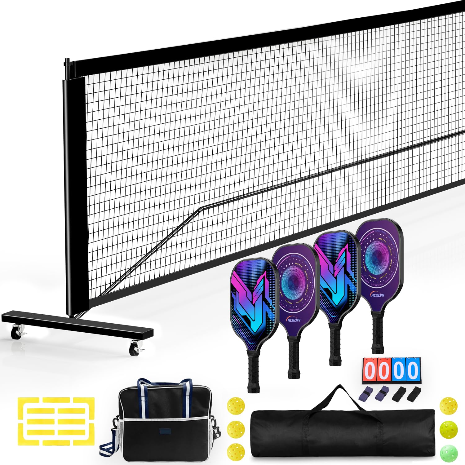 Pickleball-Netz-Set beinhaltet 670 cm Standardgröße, Pickleball-Netz, Court-Marker, 4-teiliges Paddel-Set, Anzeigetafel, Pickleballs für drinnen und draußen und Tragetasche
