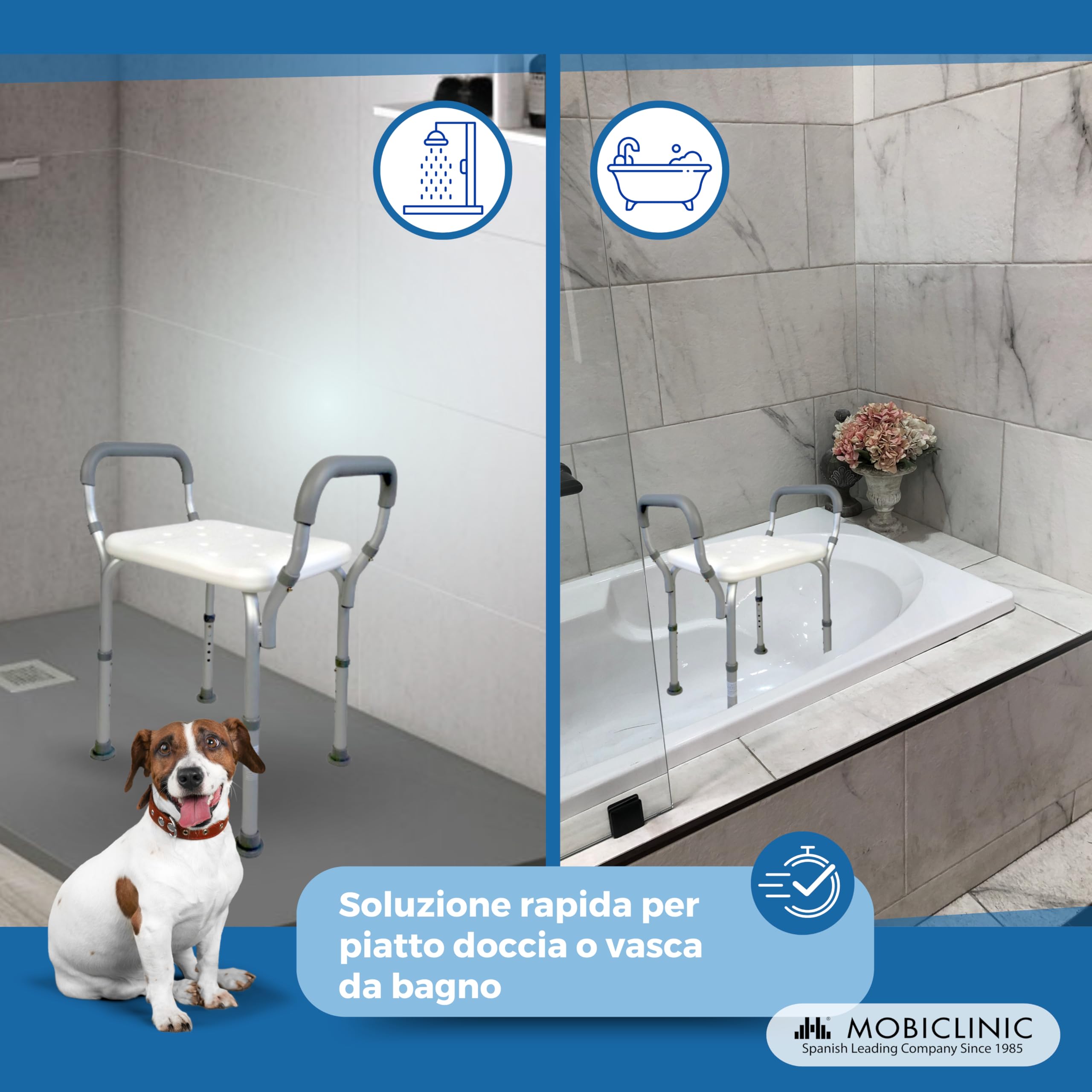 Mobiclinic®, Sgabello Doccia, Altezza Regolabile, Acueducto, Sgabello da Bagno, Puntali Antiscivolo, con Braccioli, MAX. 100 kg, Alluminio, Bianco