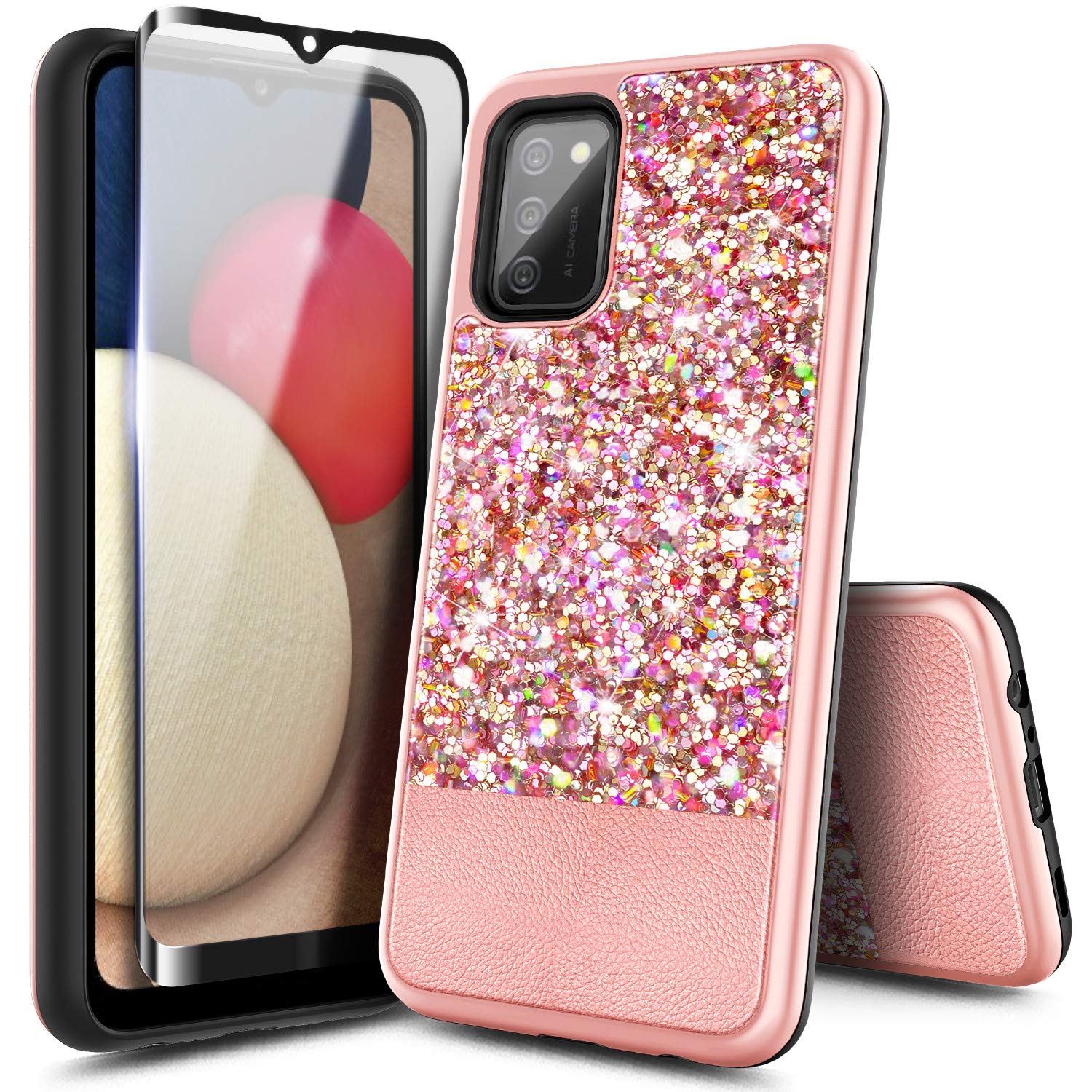 NZND Case for Samsung Galaxy A02S with Tempered Glass Screen Protector (Full Coverage), Glitter Sparkle Bling Leather Hybrid Cover Shockproof Protective, Girls Women Kids Cute Phone Case -Rose Gold