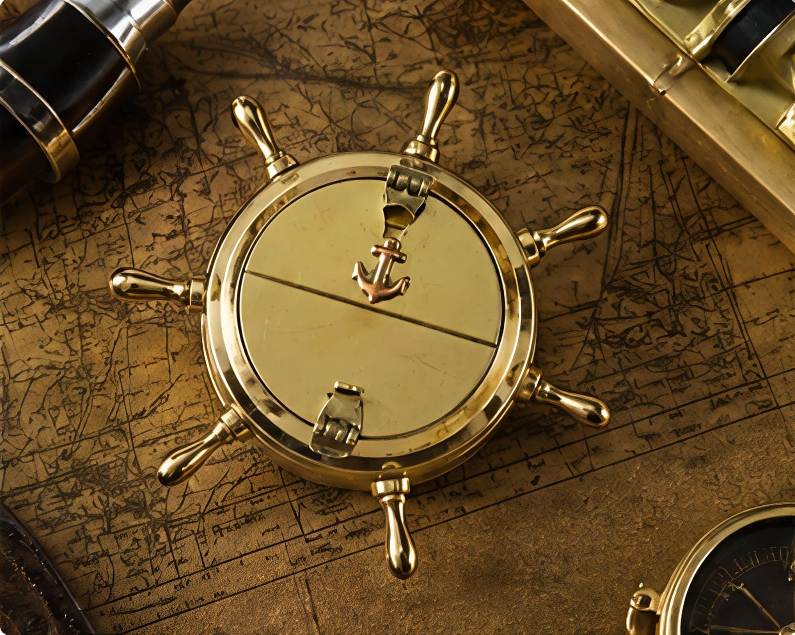 Handcrafted Brass Nautical Ship Wheel Ashtray | Hinged Covers, Vintage Maritime, Tabletop, For Home, Office & Bar Decor-picture-24
