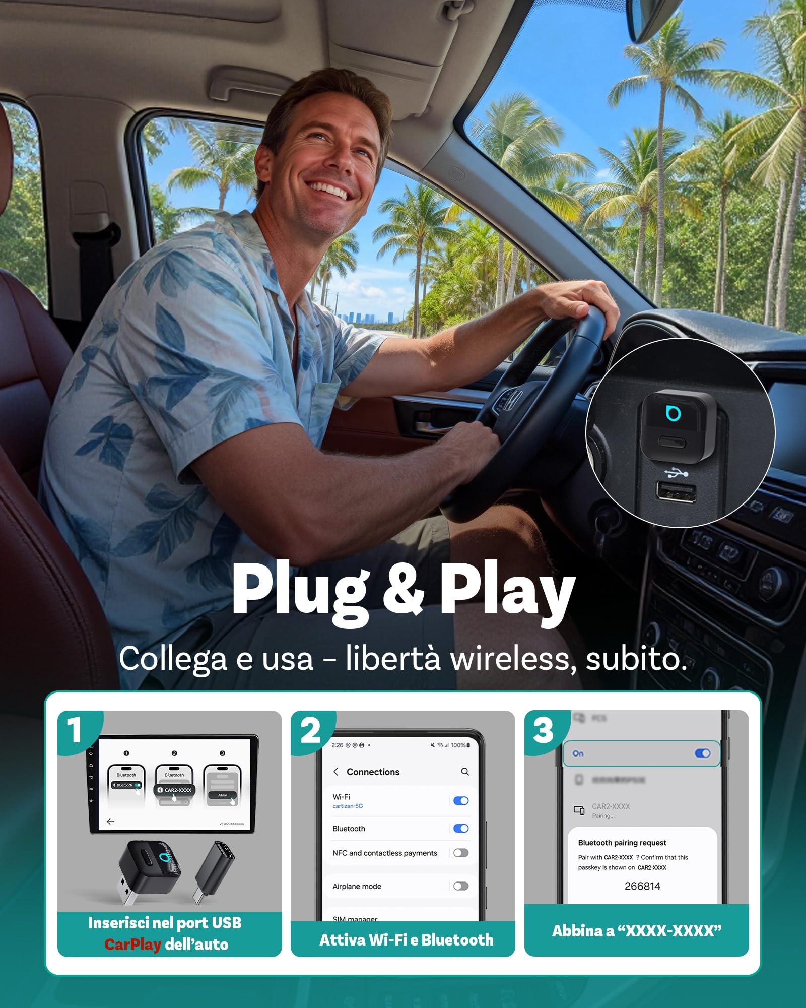 Ottocast Mini Pico, Novità 2026, Adattatore Wireless 2-in-1 CarPlay & Android Auto, Cambio dispositivo con un tocco, Plug & Play, WiFi 6 & Bluetooth 5.4, Connessione automatica per iPhone & Android