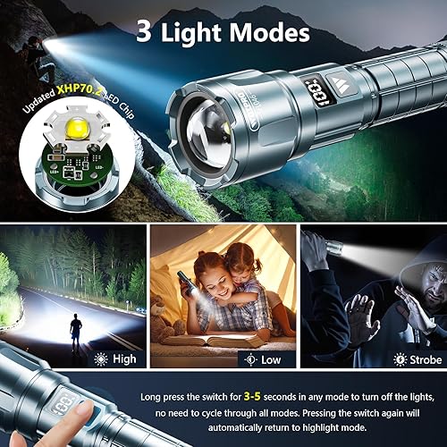 Miniatura 31 de Wdtpro Linternas LED recargables de alto lúmenes, 2 unidades, 6000 lúmenes, linterna súper brillante, potentes linternas de campamento con pantalla