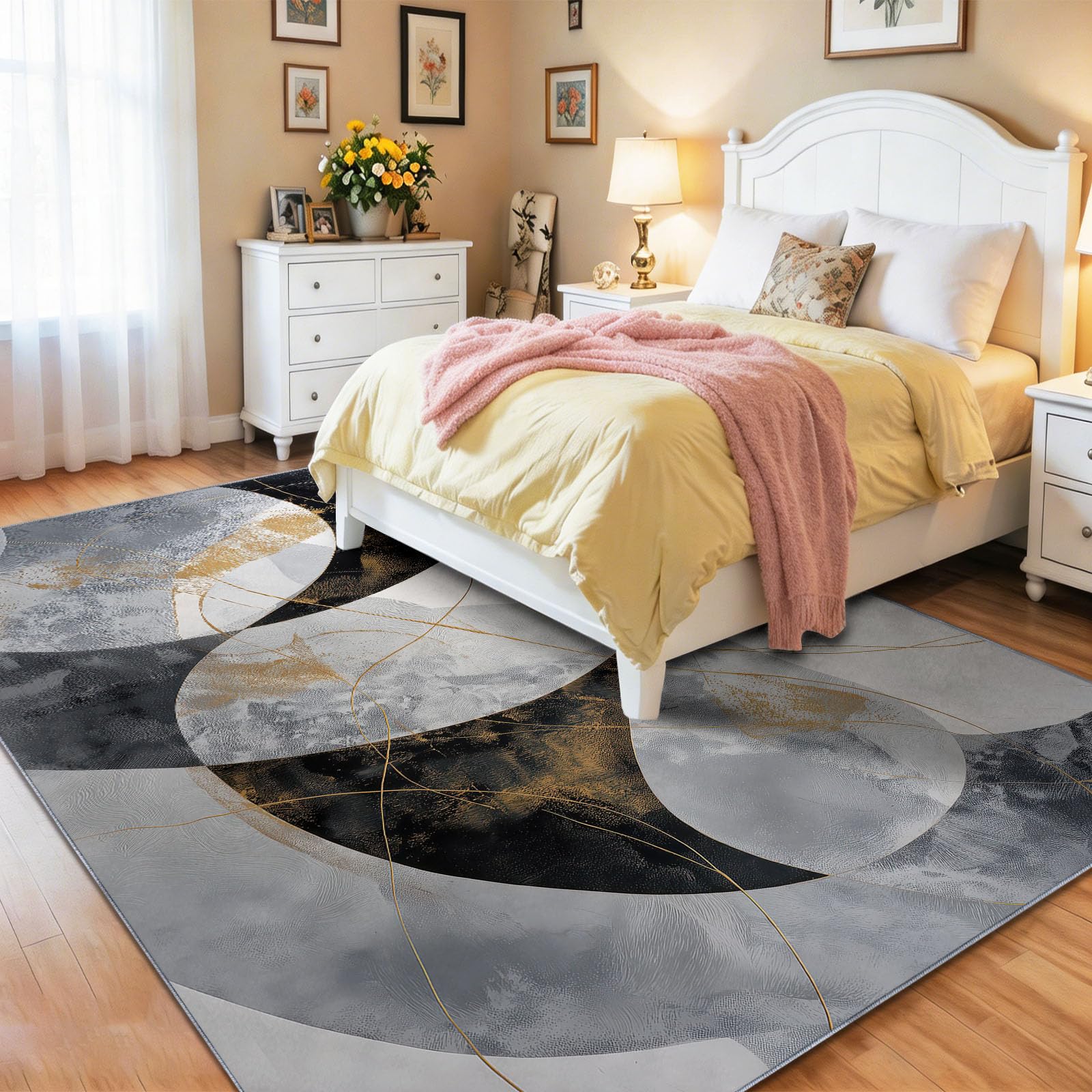 Waschbar 180 x 240 cm Minimalistisch Luxuriös Weich Teppich Wohnzimmer Schlafzimmer Esszimmer, rutschfeste Kurzflor Abstrakt Kurven Textur Teppiche, Gold Weiss