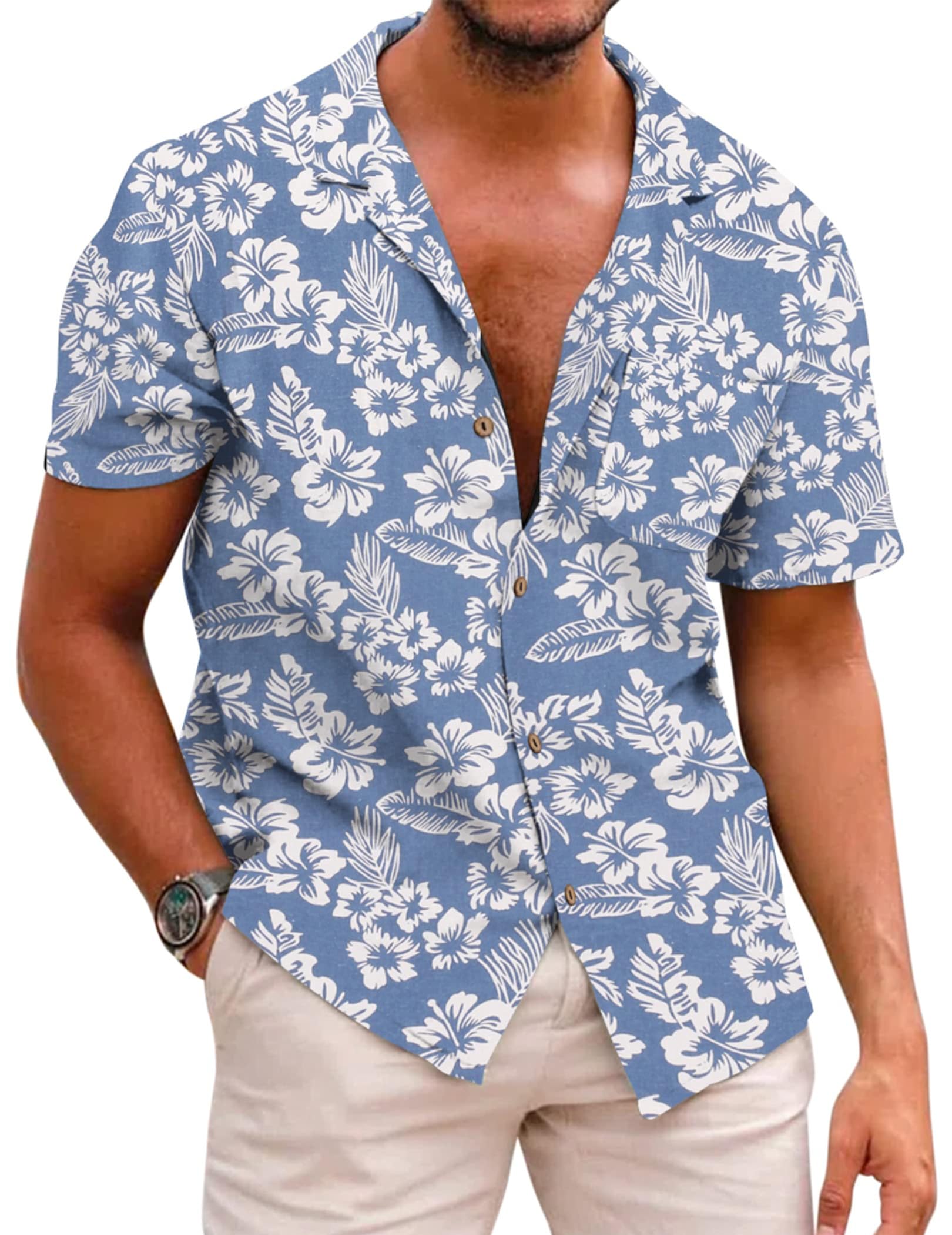 COOFANDY Camisa de Lino Manga Corta Hawaiana de Verano Playa Impresa