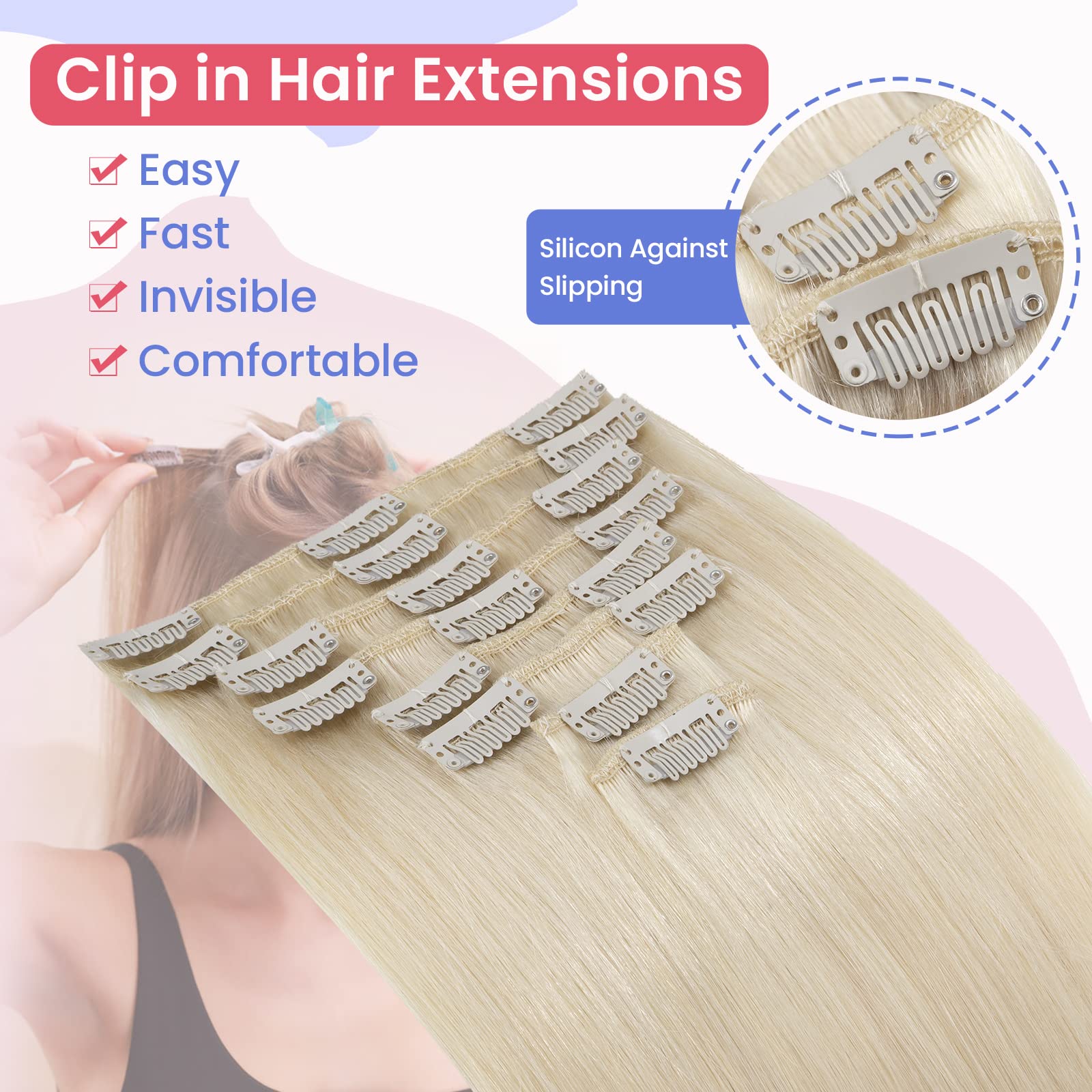 Elailite Hair Extension Real Human Hair Blonde Clip in Remy Natural Hair, 8 Pieces (Thin Weft) Full Head Straight - Image 3