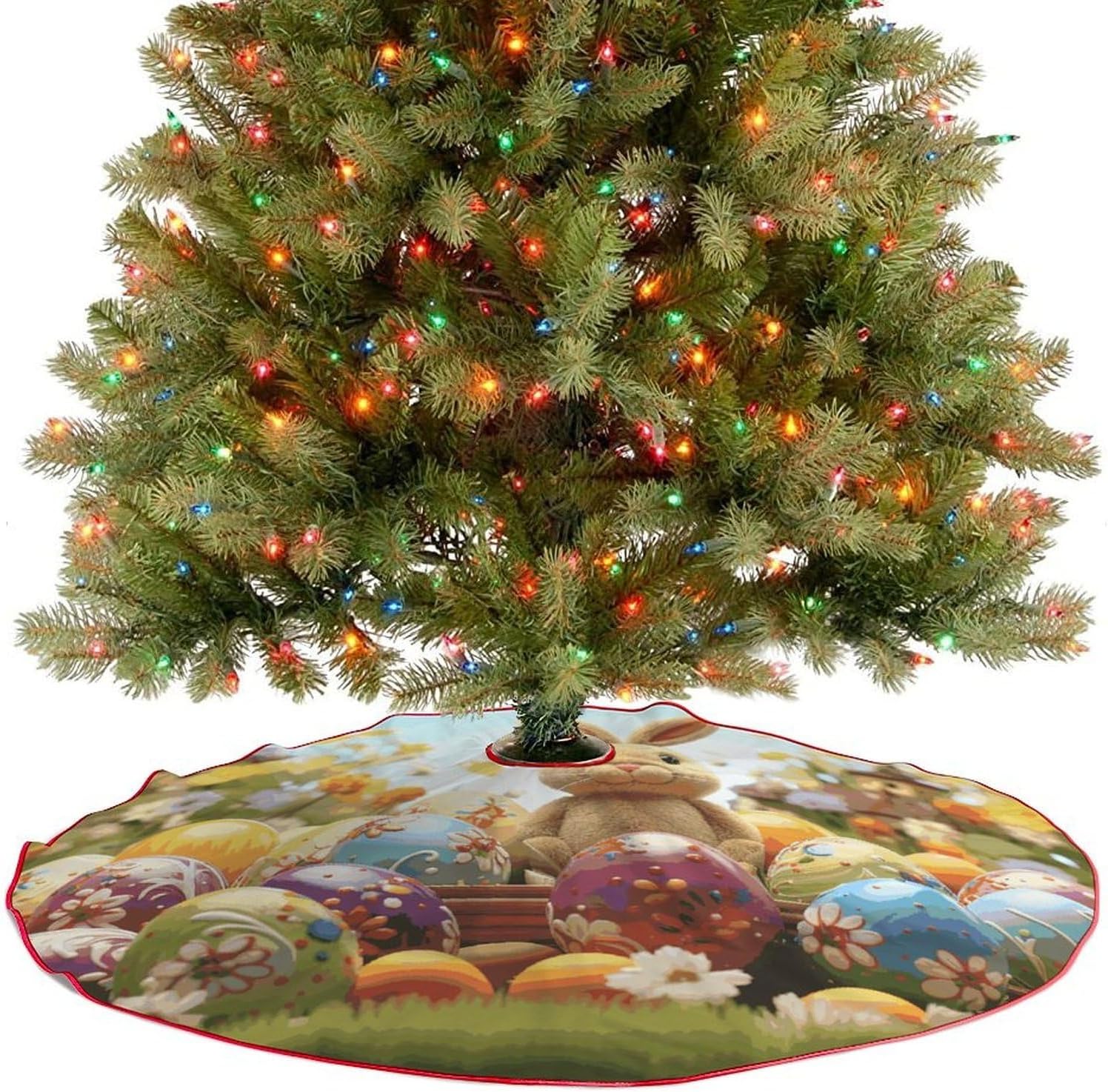 Christmas Tree Skirt,for Xmas Tree Holiday Party Decorations Easter Colorful Eggs Printed Christmas Tree Mat Red Lace-up Christmas Tree Dress