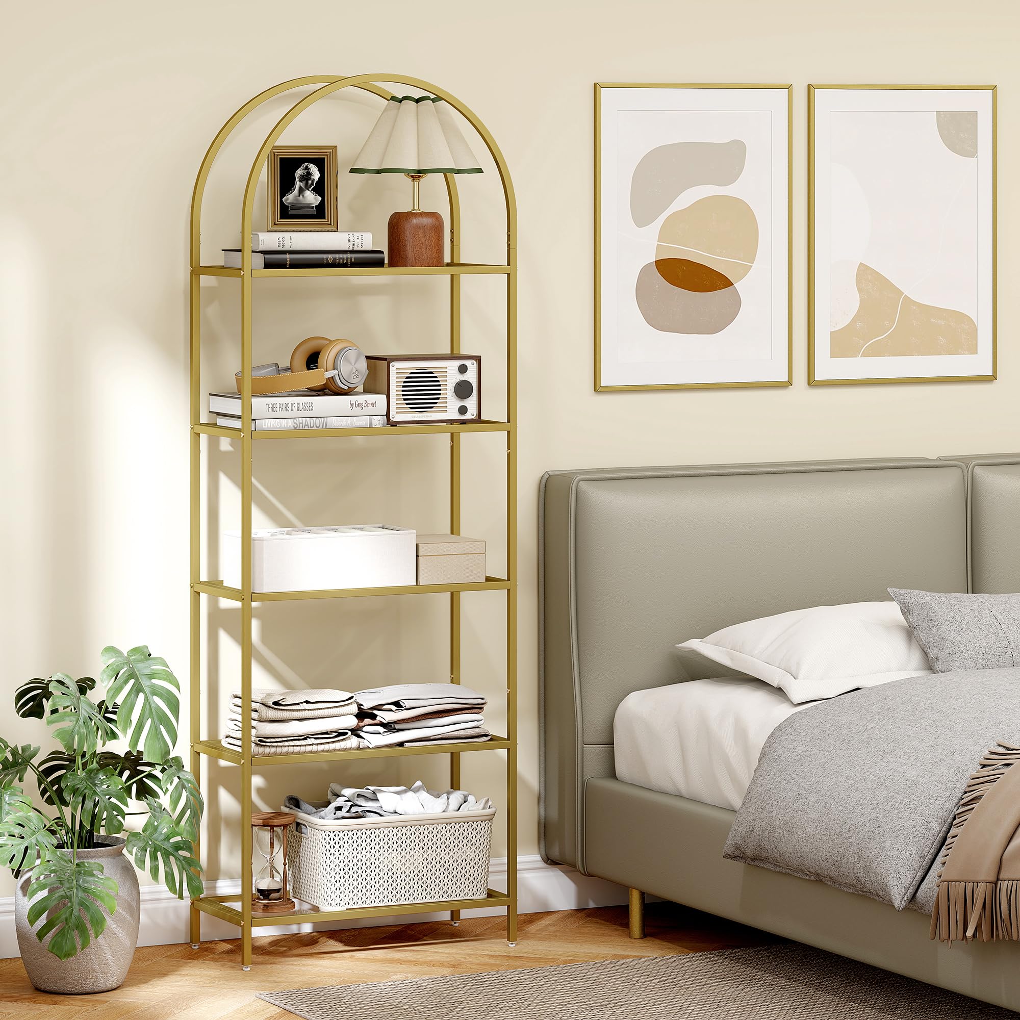 HOMCOM Libreria Scaffale ad Arco a 5 Ripiani, Scaffale Portaoggetti Moderno in Vetro Temperato con Struttura in Acciaio, per Bagno, Soggiorno, Camera da Letto, Studio e Ufficio, 60x30x175 cm, Oro