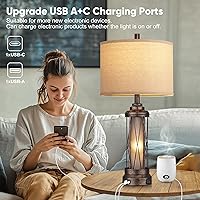 Vista 3 de Qimh Lámparas de mesa de granja para sala de estar, lámpara de mesita de noche rústica para dormitorio con puertos de carga USB A+C, lámpara