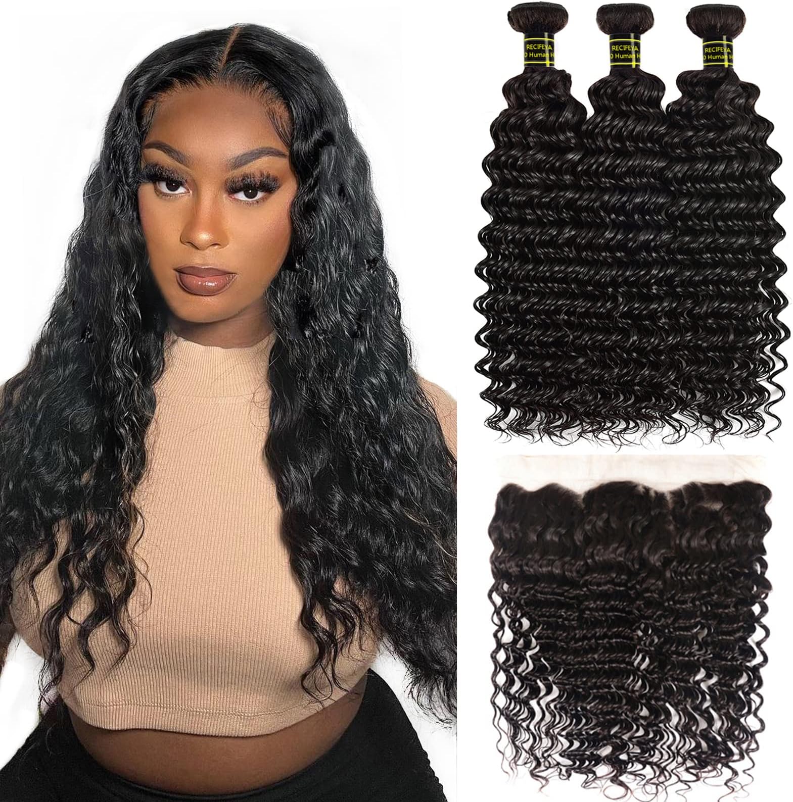 RECIFEYA 9A Brazilian Hair Deep Wave 3 Bundles with Free Part Frontal (14 16 18+12) Brazilian Virgin Unprocessed 100% Human Hair Deep Wave Bundles Natural Color