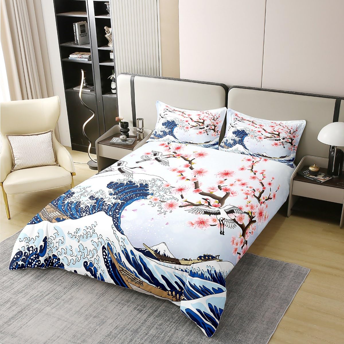 Homemissing Fleur de Cerisier Parure de lit 200x200cm 100% Coton Chic Crane Housse de Couette 100% Coton Enfants Vagues décoration Rose Ukiyo - e Japonais thème Ensemble avec 2 taies d'oreiller,
