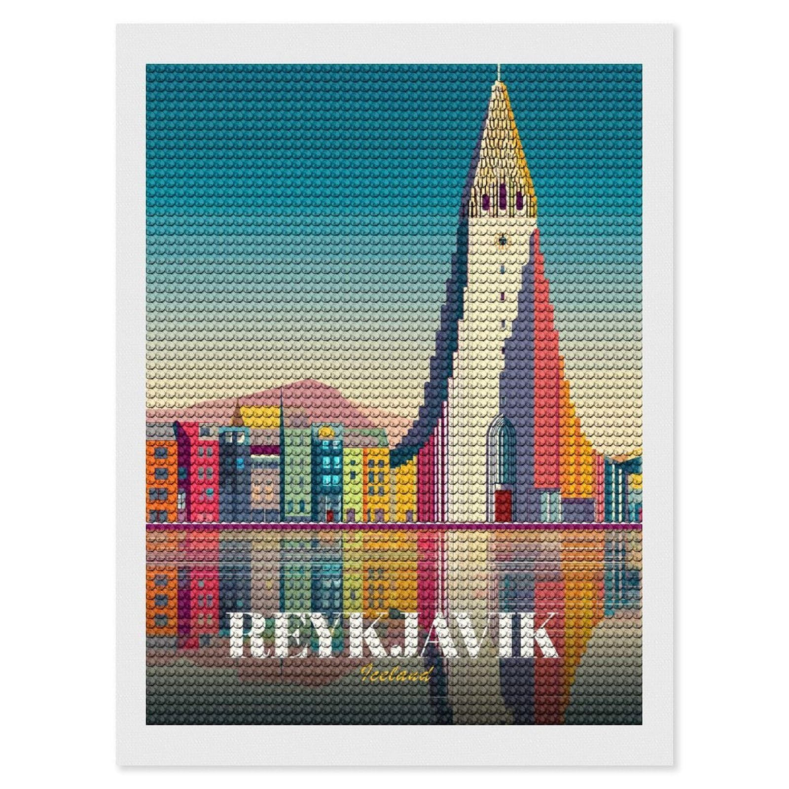 Junmoney Reykjavik Cityscape with Hallgrímskirkja Diamond Art Kit 12"x16", Modern Decor, Farmhouse Decor, Home Wall Art, Festive Craft Gift, Handmade Wall Decor