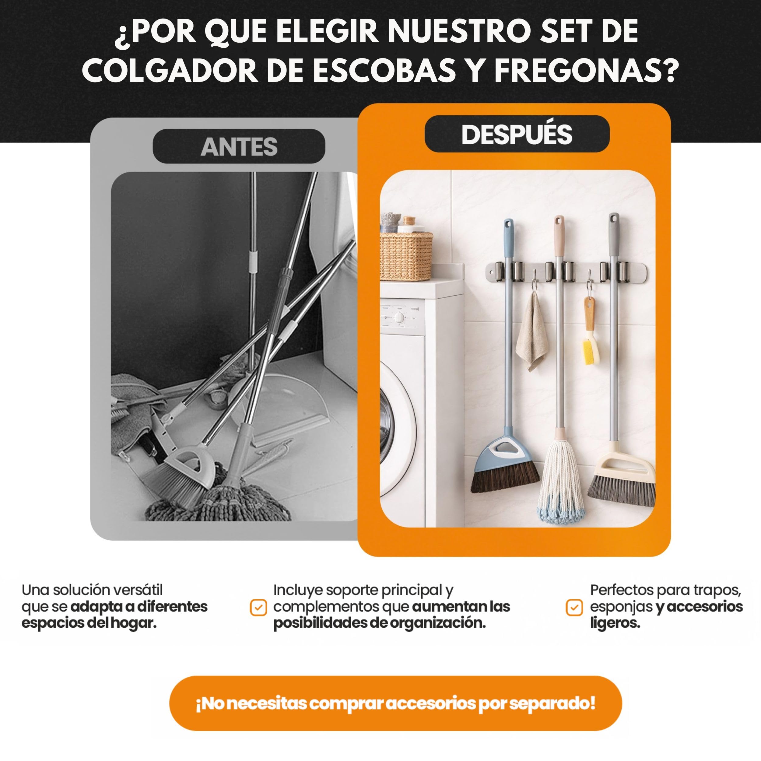 Pack Colgador Escobas y Fregonas + 1 Soporte Escobas Pared Adhesivo + 4 Ganchos | Acero Inoxidable Apto Exterior | Instalación con o sin Taladro (Incluye Adhesivo y Tornillería) | Hasta 15kg — view 6