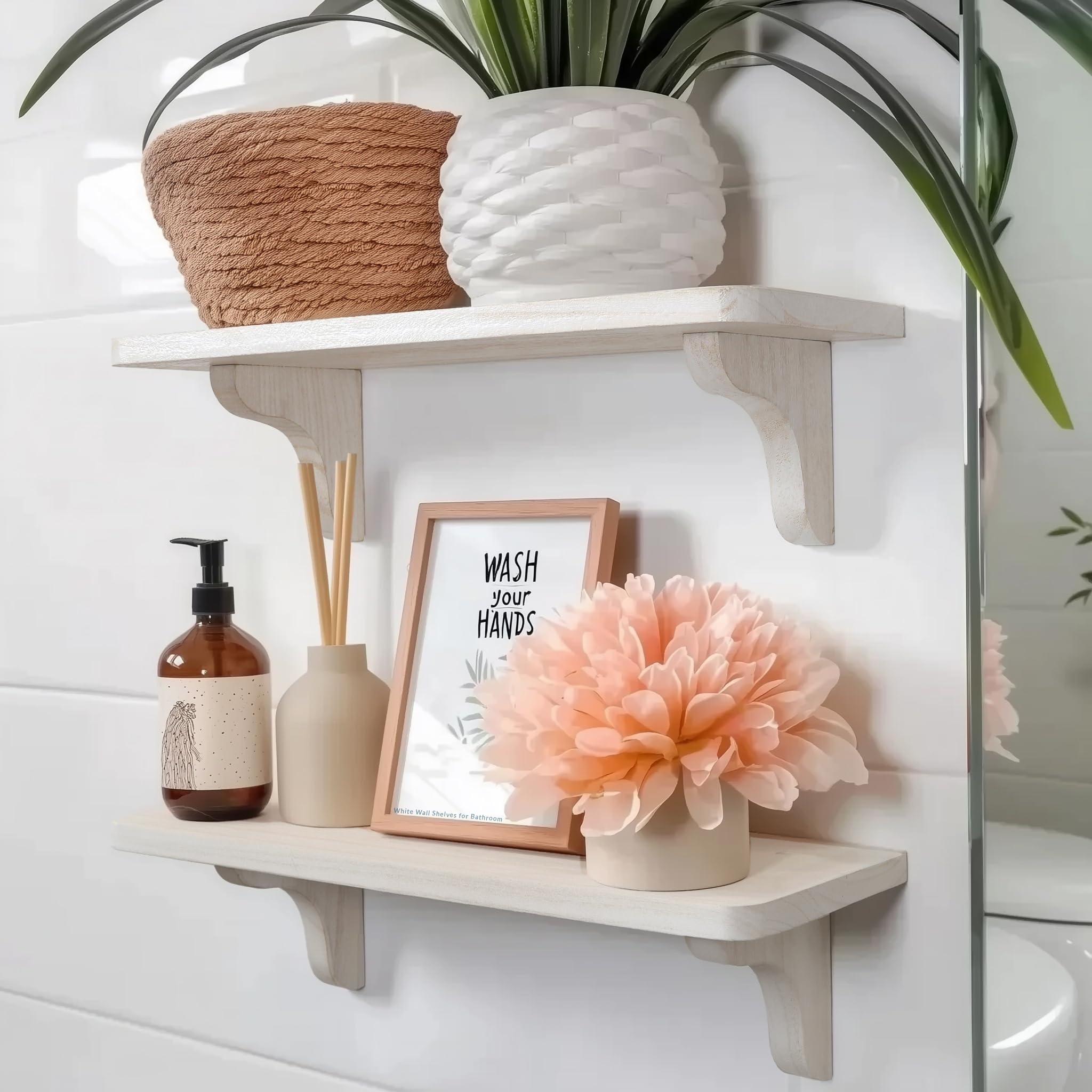 Amazon.com: Real Wood White Wall Shelves for Bathroom - 17 inch (2 Pack ...