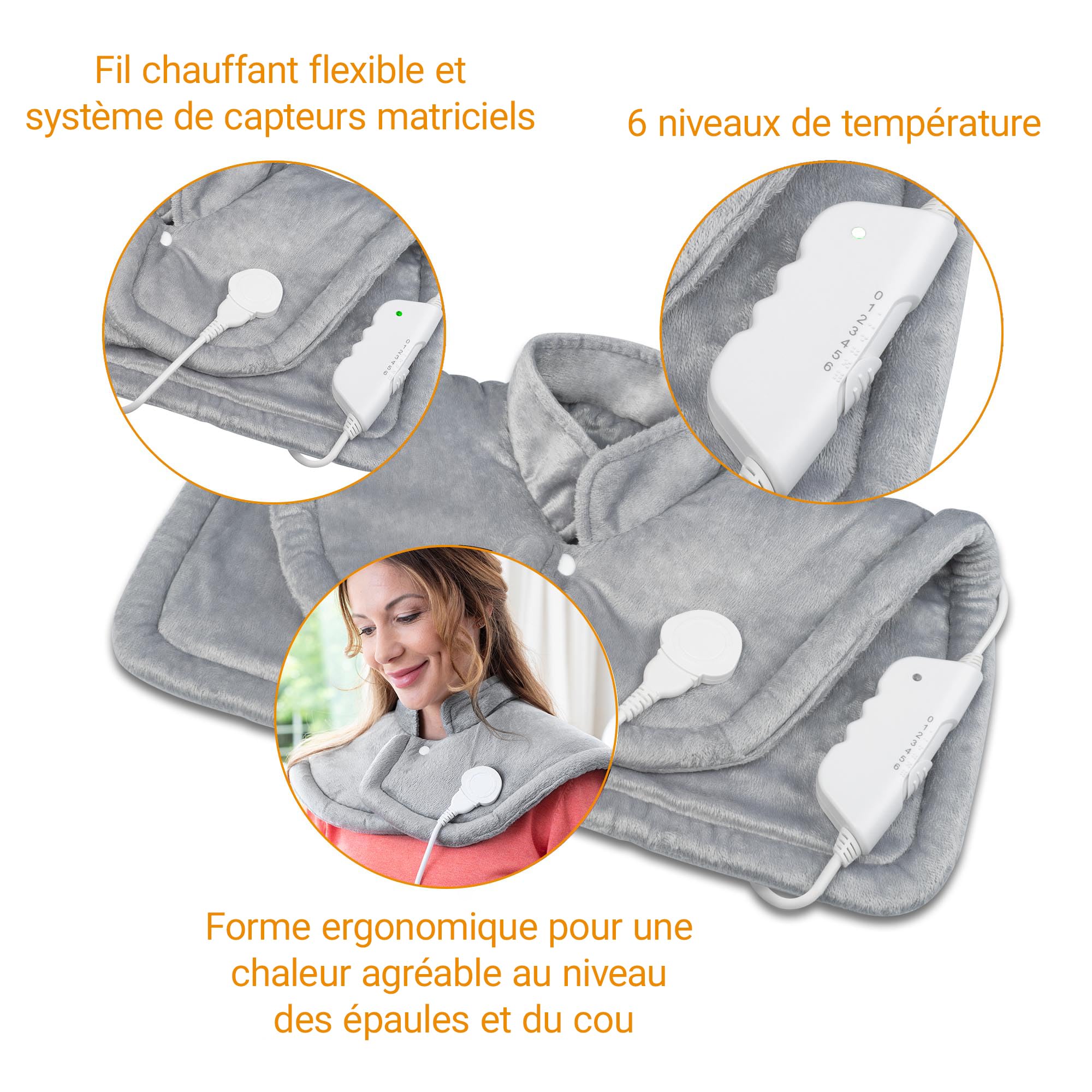 medisana HP 622 Coussin chauffant pour le cou et les épaules, Cape chauffante électrique, Protection contre la surchauffe et arrêt automatique, 6 niveaux de température, Lavable, Gris