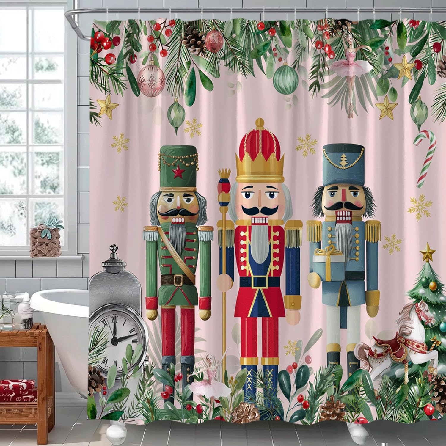 AMFD Christmas Nutcracker Shower Curtain Snowflake Xmas Tree Pine Leaf Cartoon Winter Holiday Bathroom Curtains Decor Fabric Set Include Hooks,(70" Wx84 H)