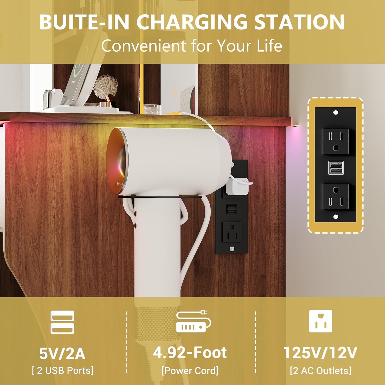 Vanity Desk with LED Lights Mirror & Power Outlet, Small Makeup Vanity Table Set with Storage Drawers & Chair, 3 Lighting Modes & Adjustable Brightness, Dressing Table for Women Girls Bedroom, Walnut