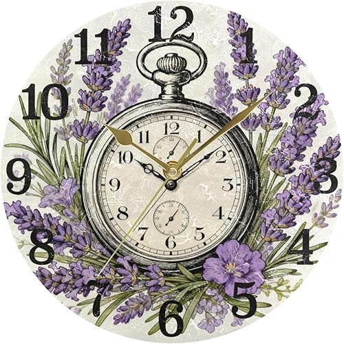 Miniatura 5 de KLL Merry Christmas Vintage Pocket Watch Lavender 10 Inch Round Wall Clock for Bathroom Silent Unique for Farmhouse Farmhouse Bathroom relojes de