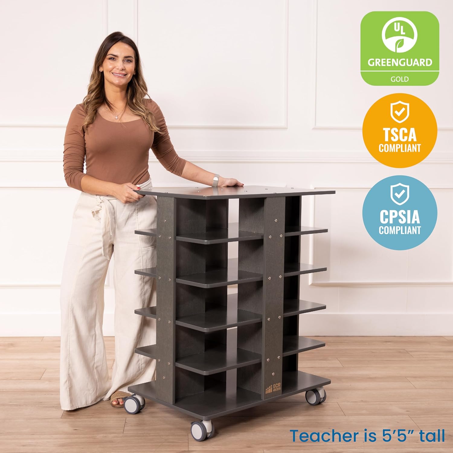 ECR4Kids 20-Compartment Mobile Storage Tower, 5x4, Classroom Furniture, Grey Wash