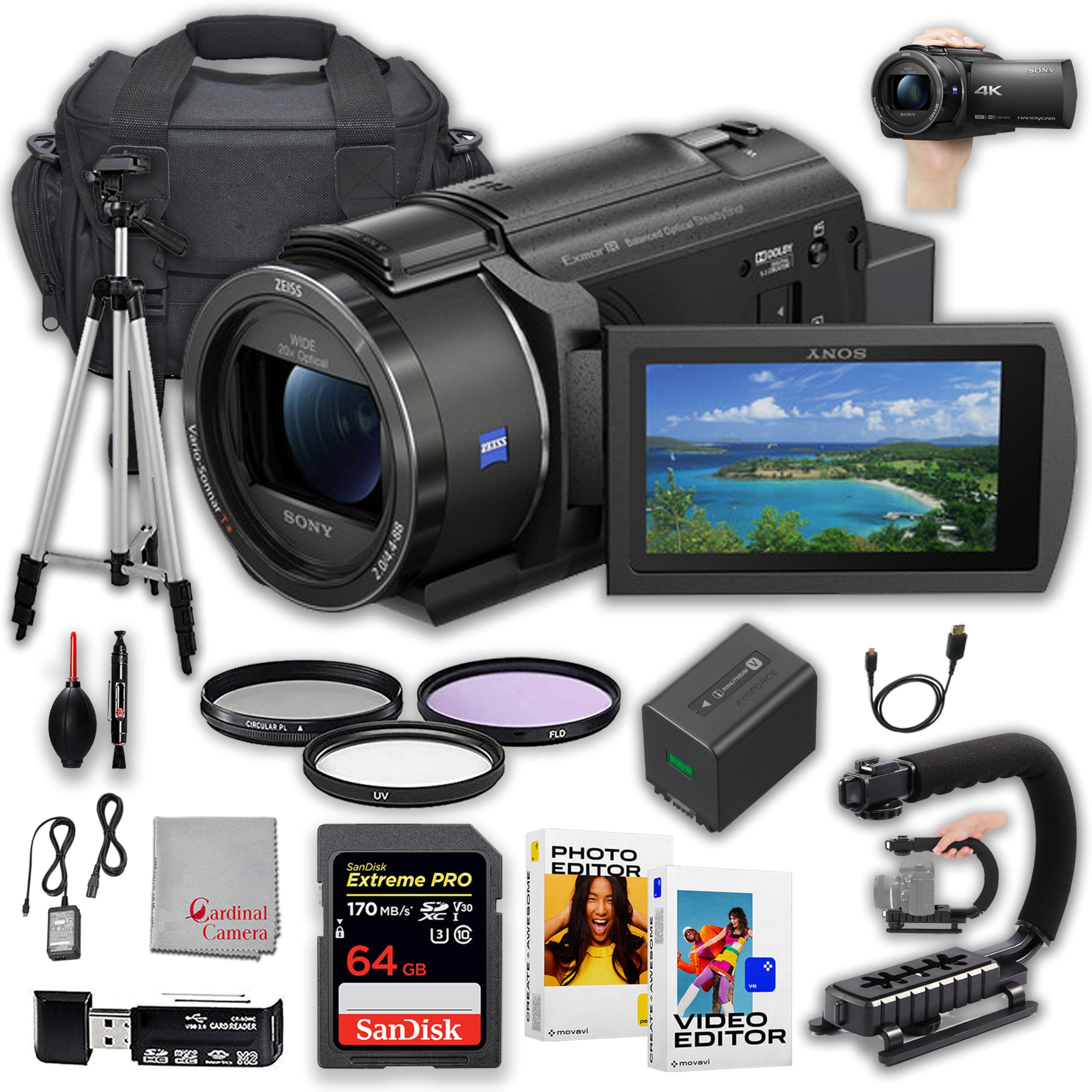 Sony FDR-AX43A UHD 4K Handycam Camcorder with 64GB Extreme Memory, Editing Software, U-Grip, Tripod, Filters & More