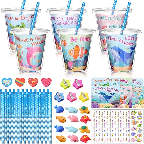 Zonon 180 piezas de regalos del día de San Valentín para niños y niñas, tarjetas de San Valentín de animales marinos, mini recuerdos para apretar,