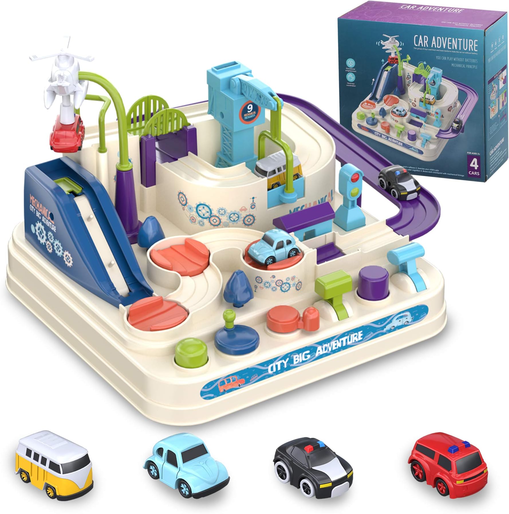 Car Adventure Toys for 3 4 5 6 7 8 Year Old Boys Girls, Race Tracks Toy for Boys with 4 Toy Vehicle, Preschool Educational Toy Car for Boy, Interactive Classic Toys Vehicle, White