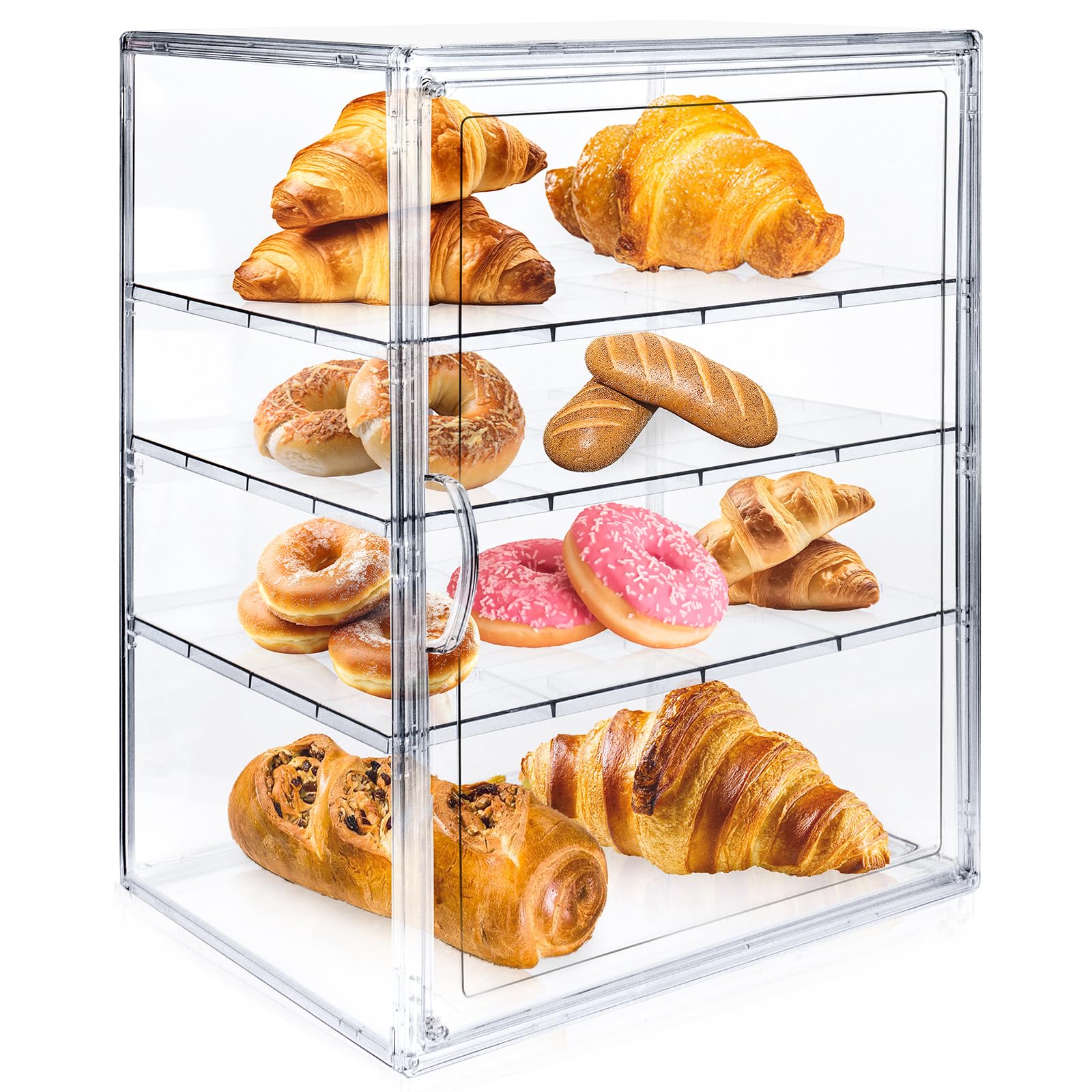 Espositore per pasticceria, contenitore per pane per piano di lavoro della cucina, vetrina per pasticceria, 4 strati, regolabile, trasparente, con porta magnetica, espositore per panetteria