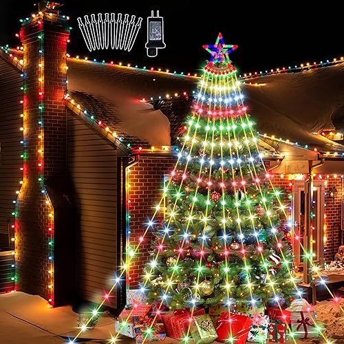Decoraciones para árbol de Navidad, 16.4 pies, 350 luces LED, luces de cascada con decoración de árbol, 8 modos y temporizador, luces al aire libre