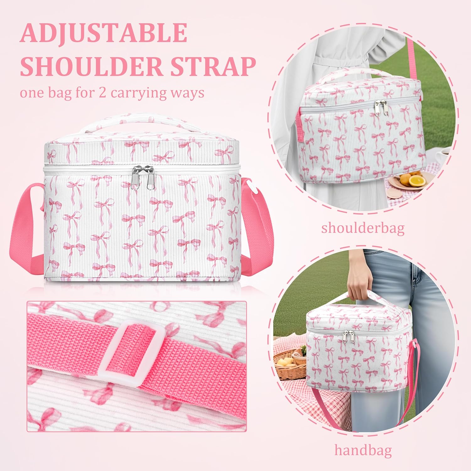 Insulated Lunch Bag for Women, Cute Corduroy Reusable Lunch Box for Adult, Leakproof Cooler Bag for Work Office Travel Picnic, Lunch Tote Bag with Adjustable Shoulder Strap (Pink Bow) - Image 5