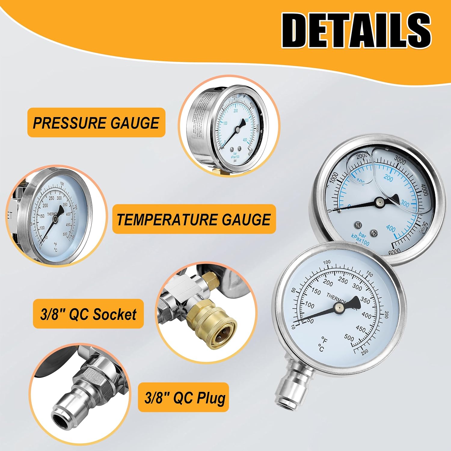 JOEJET Pressure Washer Gauge, Pressure Washer Pressure Gauge and Temperature Gauge, 2-in-1 Pressure Gauge for Pressure Washer, 3/8 Inch Quick Connect, 6000 PSI, 500 F