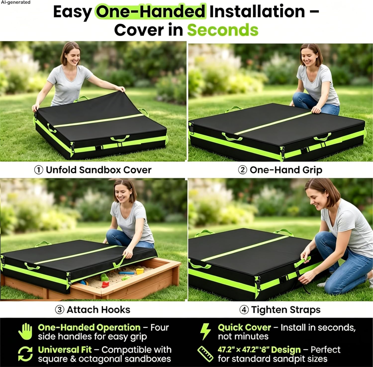 Sandbox Cover Outdoor Square Children's Sandboxes, Black,600D Waterproof Oxford Fabric, Fluorescent Green Strip & 4 Handles, Adjustable Strap & Hooks 47.2“ L x 47.2” W x 8" H image 5