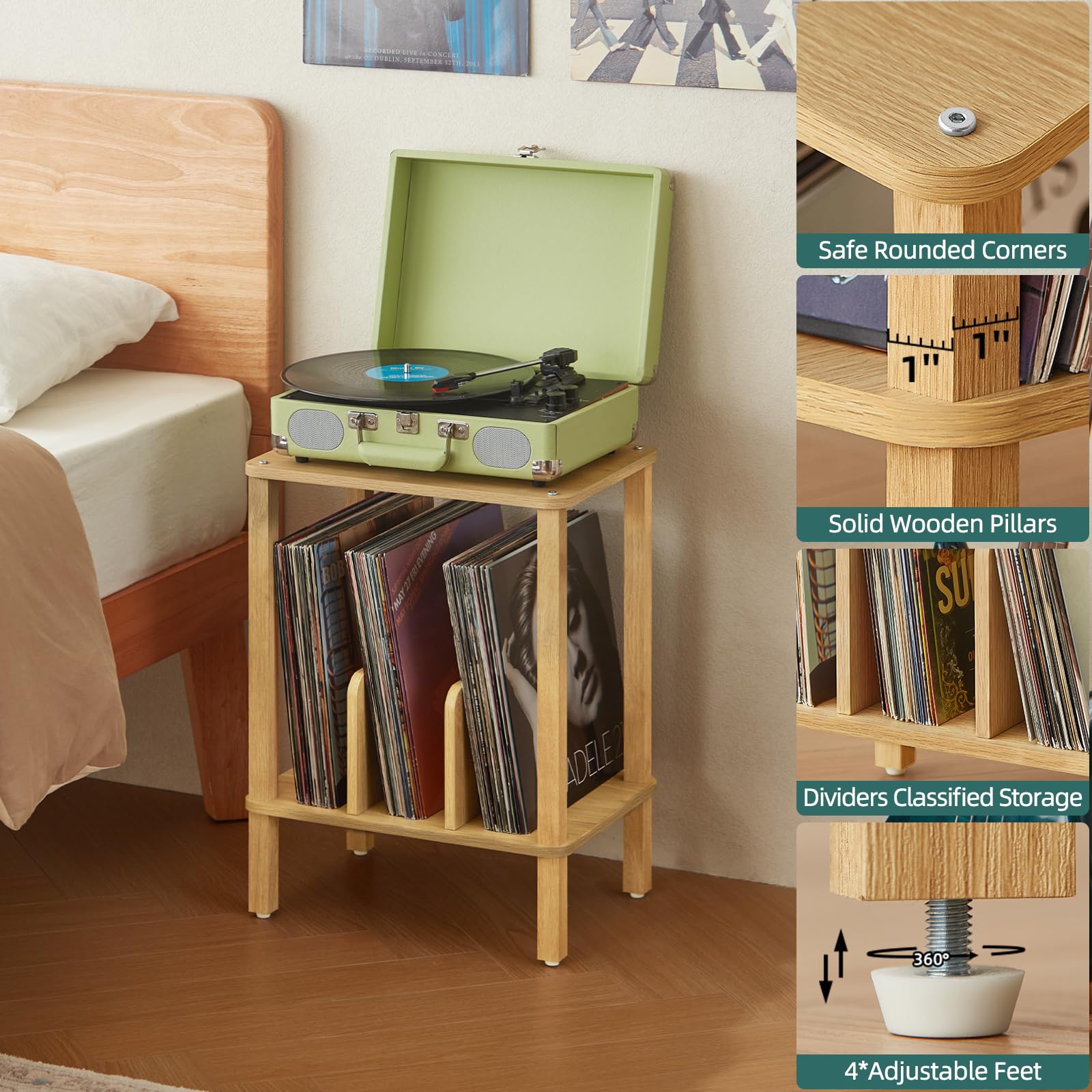 LELELINKY 2-Tier Stand de Disque en Bambou avec disques vinyles de Stockage jusqu'à 100 Albums, Porte-Disque Chambre Boho et Table d'extrémité Multifonctions pour Le Salon,Bois Naturel