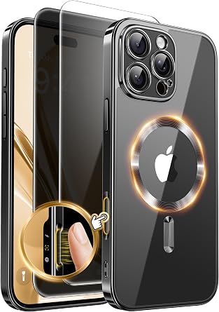 GolbinBox Magnetic for iPhone 16 Pro Case with Camera Control Button,Compatible with MagSafe,[Full Camera Protection][Privacy Screen Protector]Plating Clear Phone Cover for iPhone 16 Pro Black/Clear