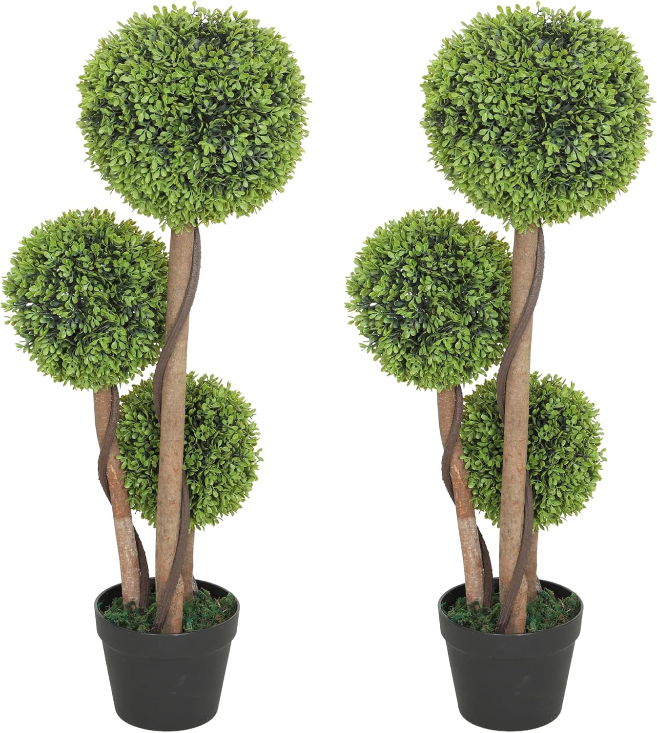 HOMCOM 3FT Artificial Boxwood Topiary Tree Set of 2, Potted Fake Plant, Triple Ball Tree for Indoor and Outdoor, Light Green