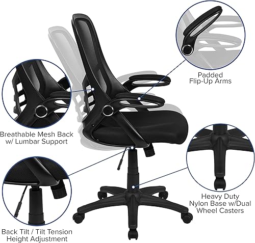 Miniatura 13 de Flash Furniture Porter - Silla de oficina giratoria ergonómica de malla negra con marco negro y brazos abatibles Negro