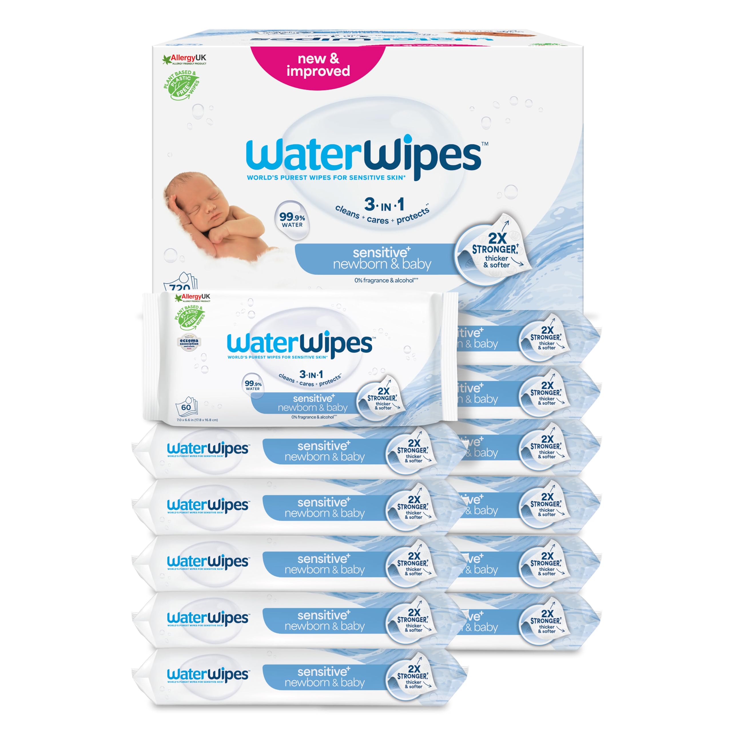 WaterWipes Sensitive+ Newborn & Baby Wipes, Feuchttücher für Neugeborene und Babys, 720 Stück (12 Packungen), 3-in-1-Reinigung, Pflege, Schutz, 99,9% Wasser, parfümfrei
