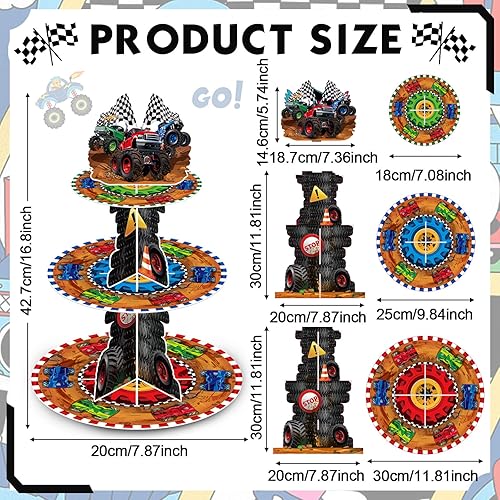 Miniatura 2 de Sunnyray Decoración de fiesta de camión de 3 niveles, soporte para cupcakes, carreras, cupcake torre, favores de carreras, camión, fiesta, postre,