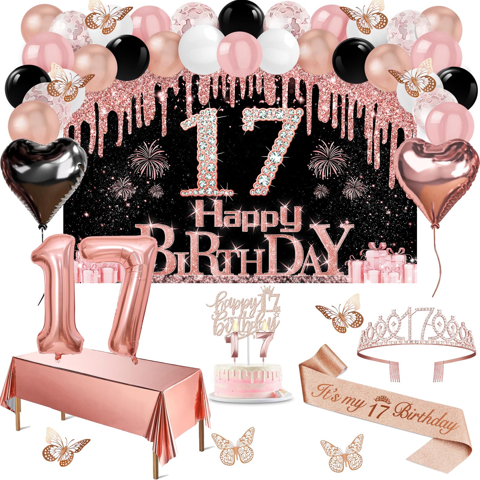 17th Birthday Decorations for Girls, 49pcs Black Rose Gold Black Happy 17th Birthday Banner, Tablecloth, Butterfly Decor, Sash and Tiara, Cake Topper, Candles, Balloons Arch