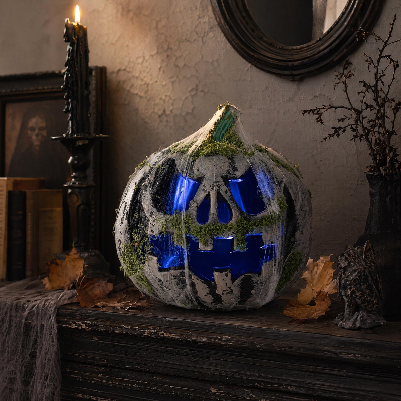 Halloween Aged Glowing Pumpkin Lantern Mossy Spider Web