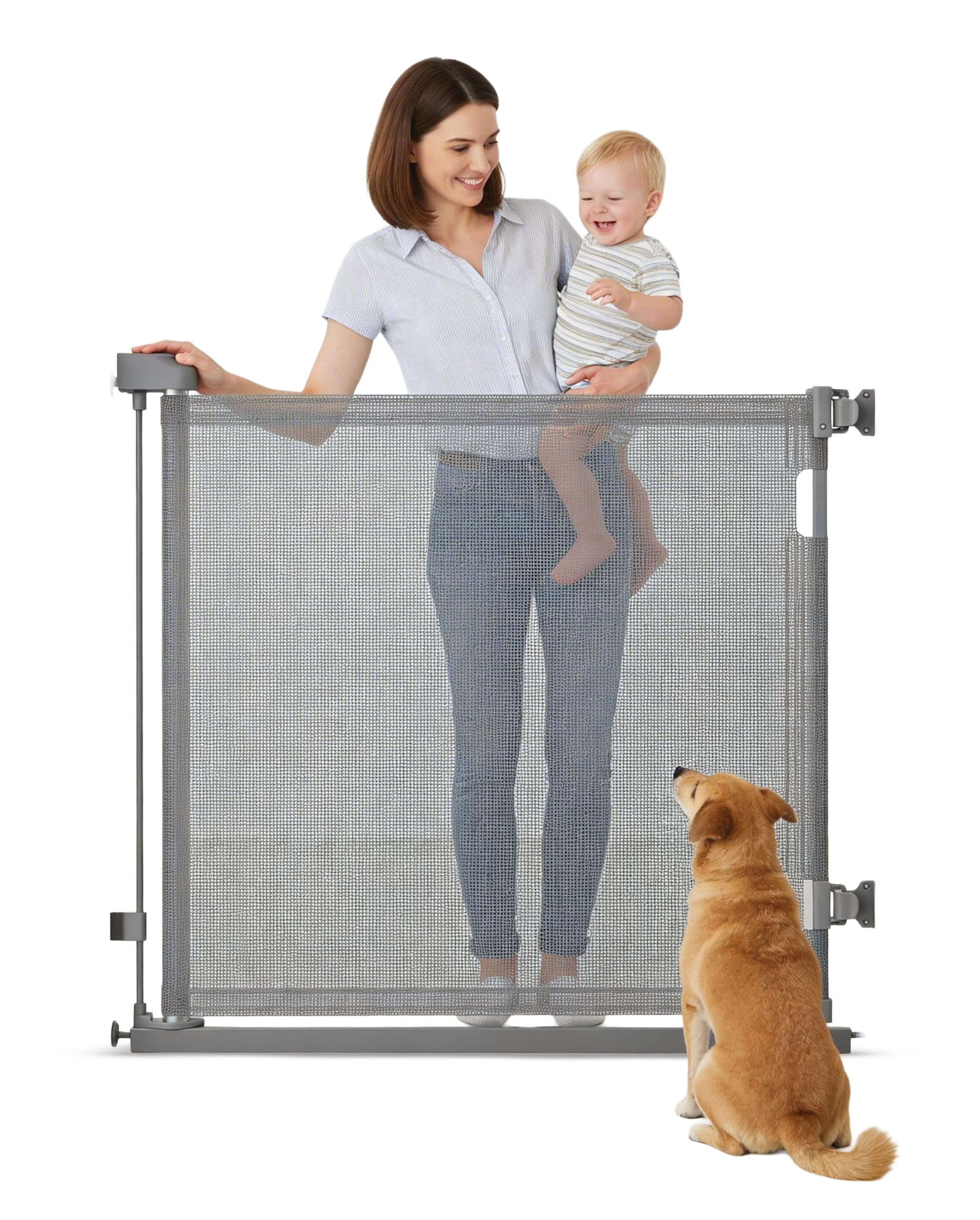 Retractable Baby Gate, Mesh Stair & Doorway Safety Gate For Toddlers And Pets, 86Cm X 140Cm, Grey Kidoola