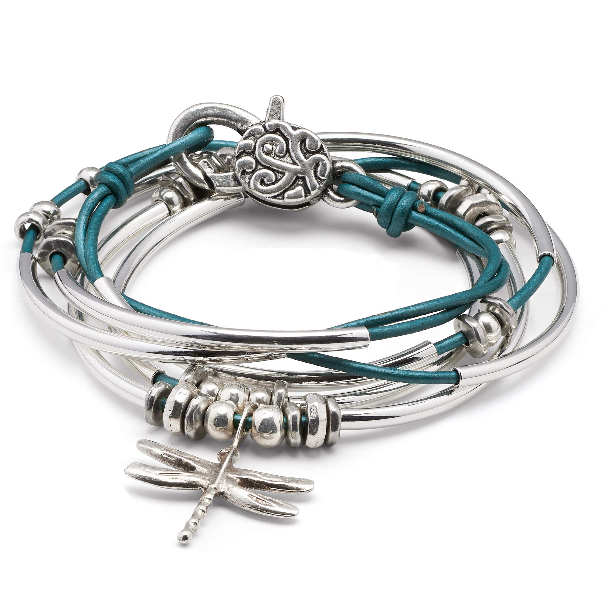 Dragonfly Charm Metallic Teal Leather Wrap Bracelet Necklace