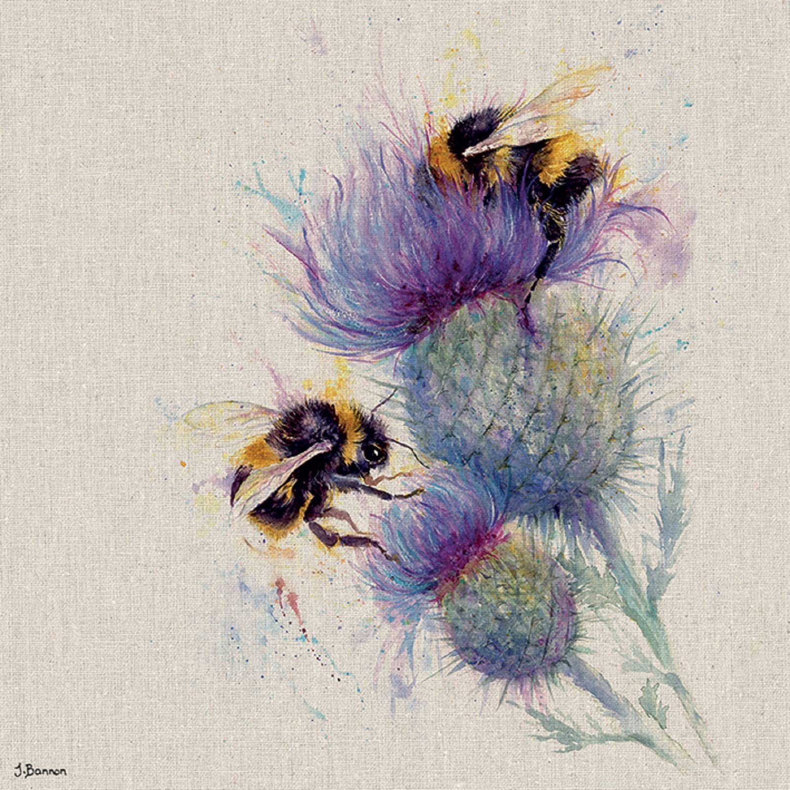 Jane Bannon WDC91588 (Bees on Thistle Canvas Print, Multi Coloured, 30 x 30cm