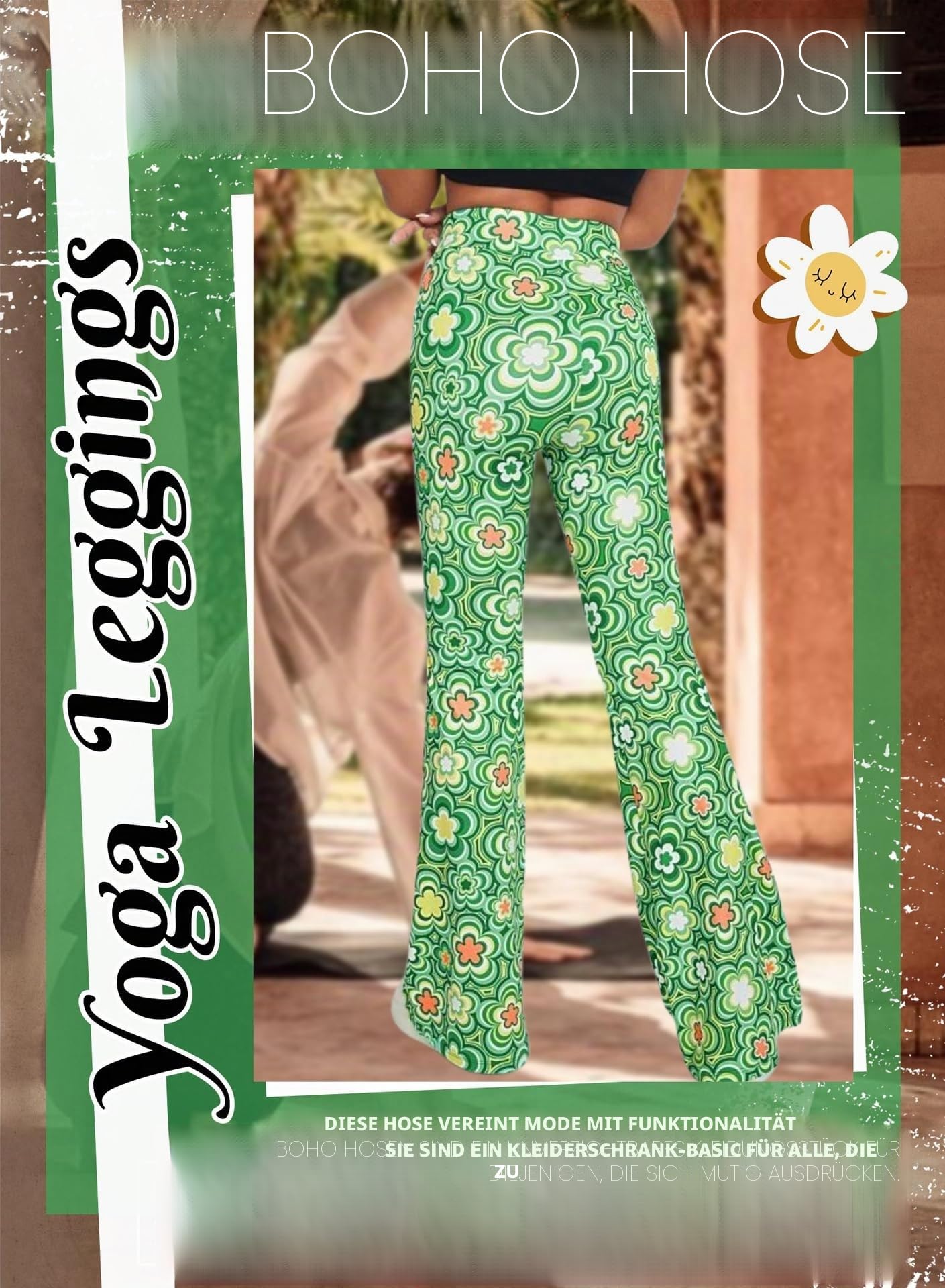 EVELUST 70er Jahre Schlaghose Für Damen – Boho 60er Hose Hippie Blumen High Waist Outfit Disco Kostüm Yogahose Leggings