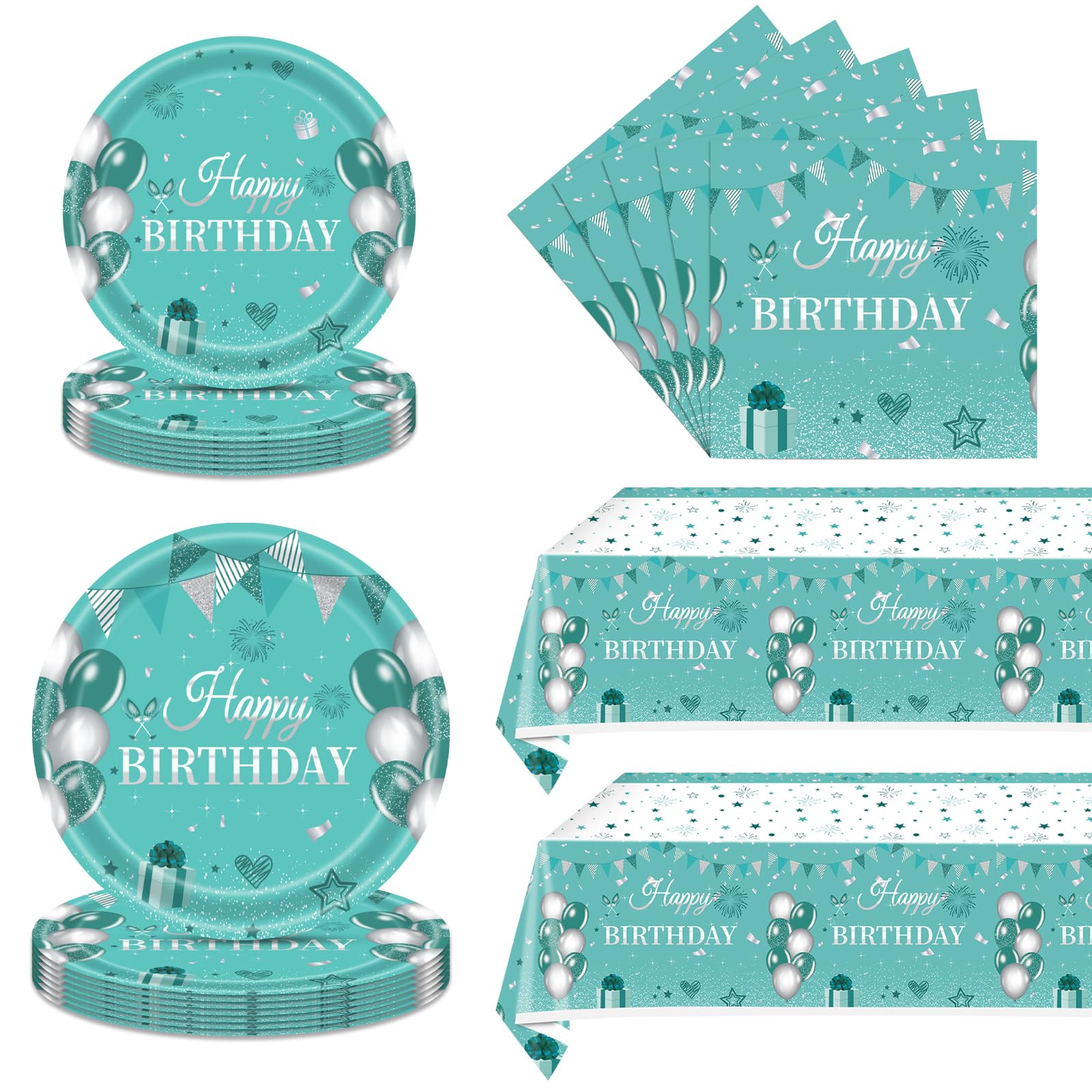 62PCS Teal and Silver Birthday Party Decorations, Teal Silver Tableware Set -Teal Paper Plates Napkins Tablecloth, Happy Birthday Party Decorations Dinnerware for Girls Women Birthday Supplies