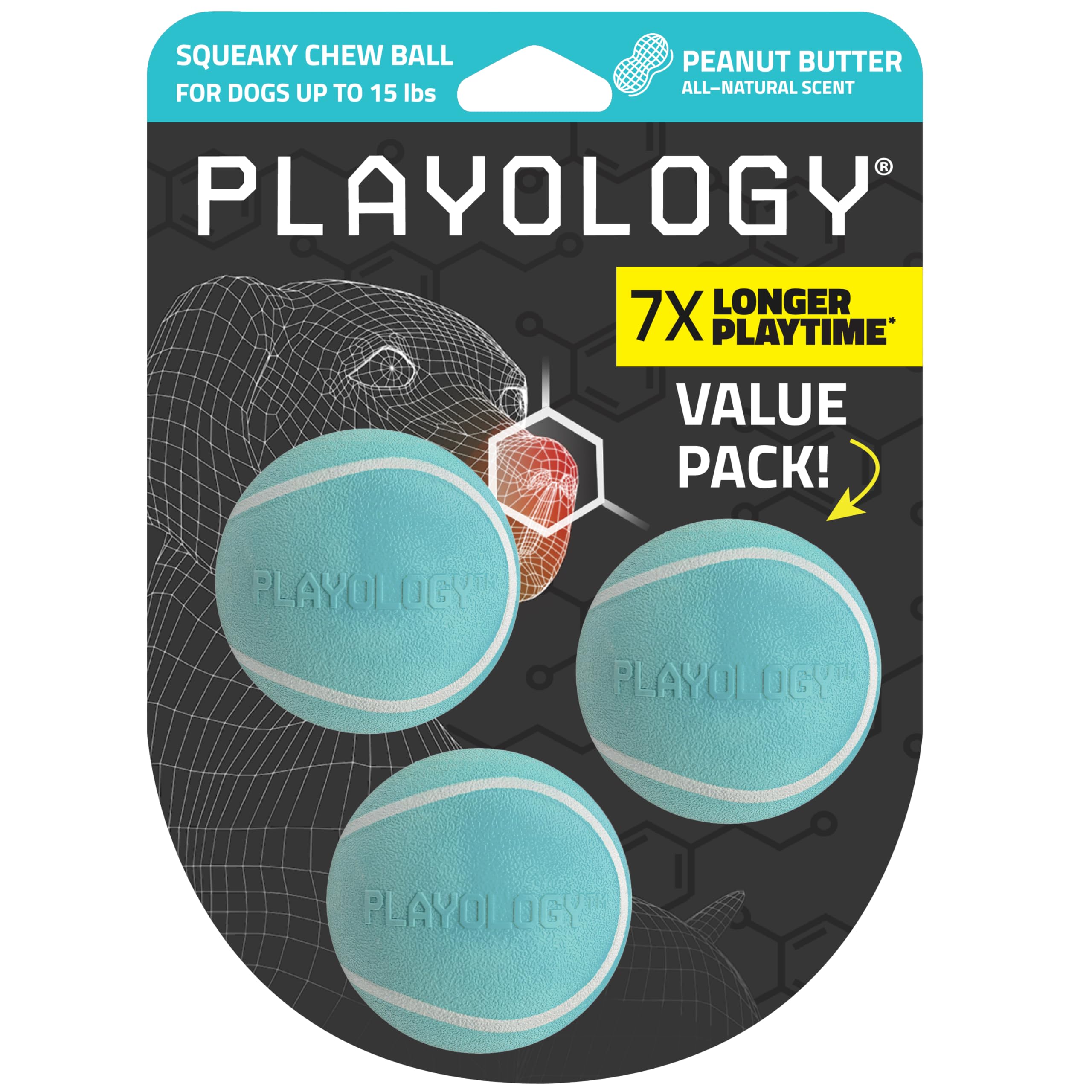Playology Dog Toys Squeaky Chew Ball - Bouncy Durable Floating Fetch Ball for Dogs Value 3-Pack Small Peanut